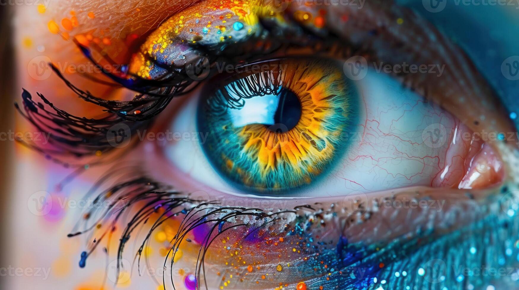 Stunning close-up of an eye, beautifully enhanced with colorful makeup and eye shadow. photo