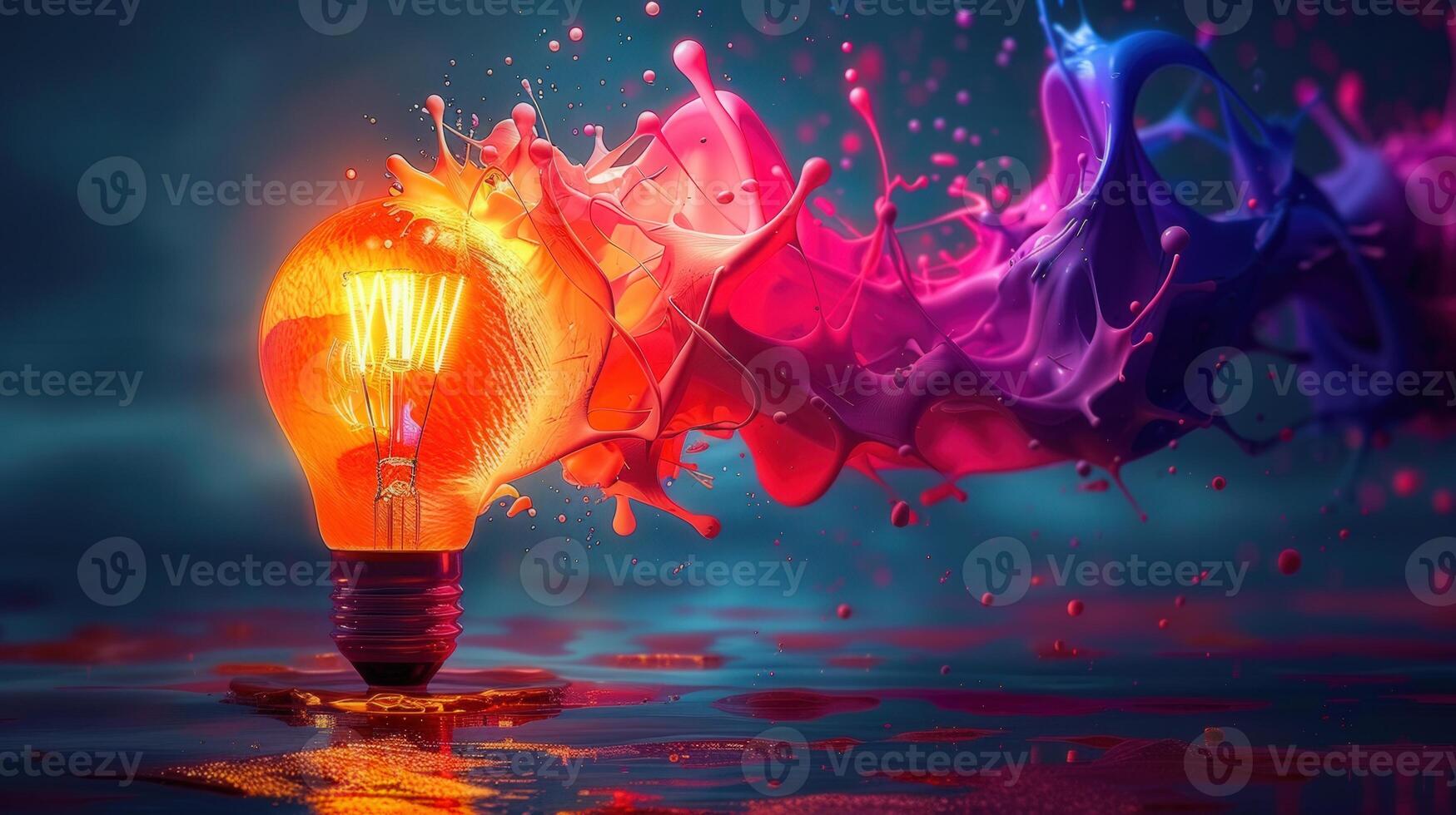 A glowing lightbulb with colorful paint splashes representing a bright creative idea. photo