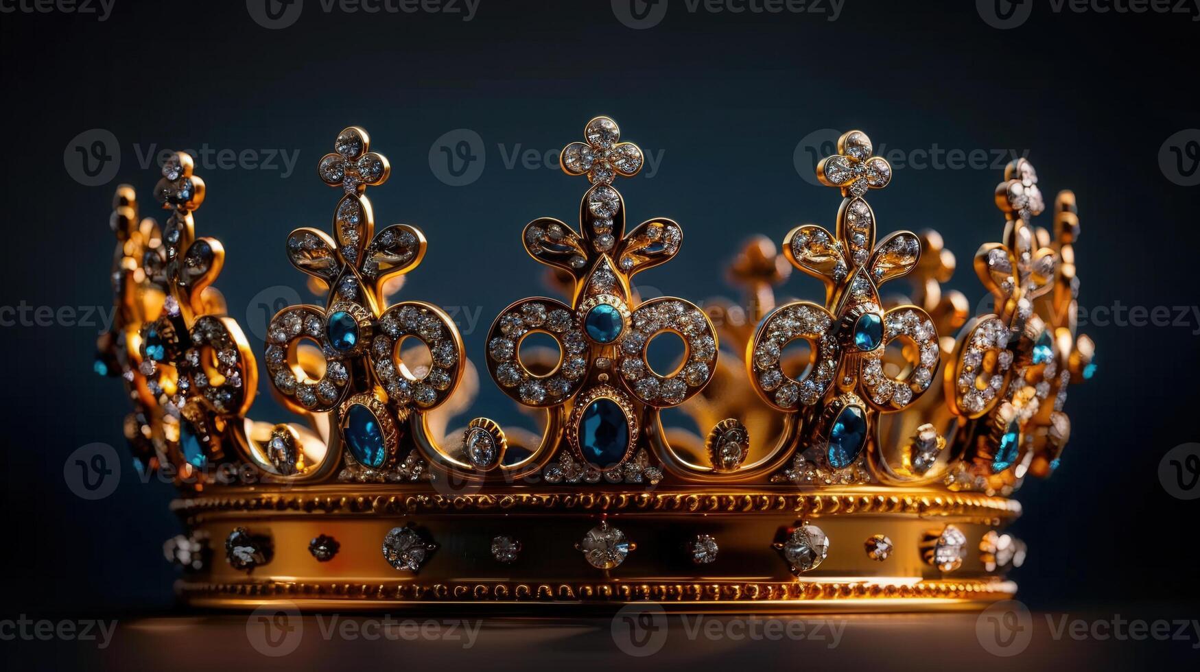 An exquisite golden crown, adorned with diamonds and sapphires, is on a dark background. photo