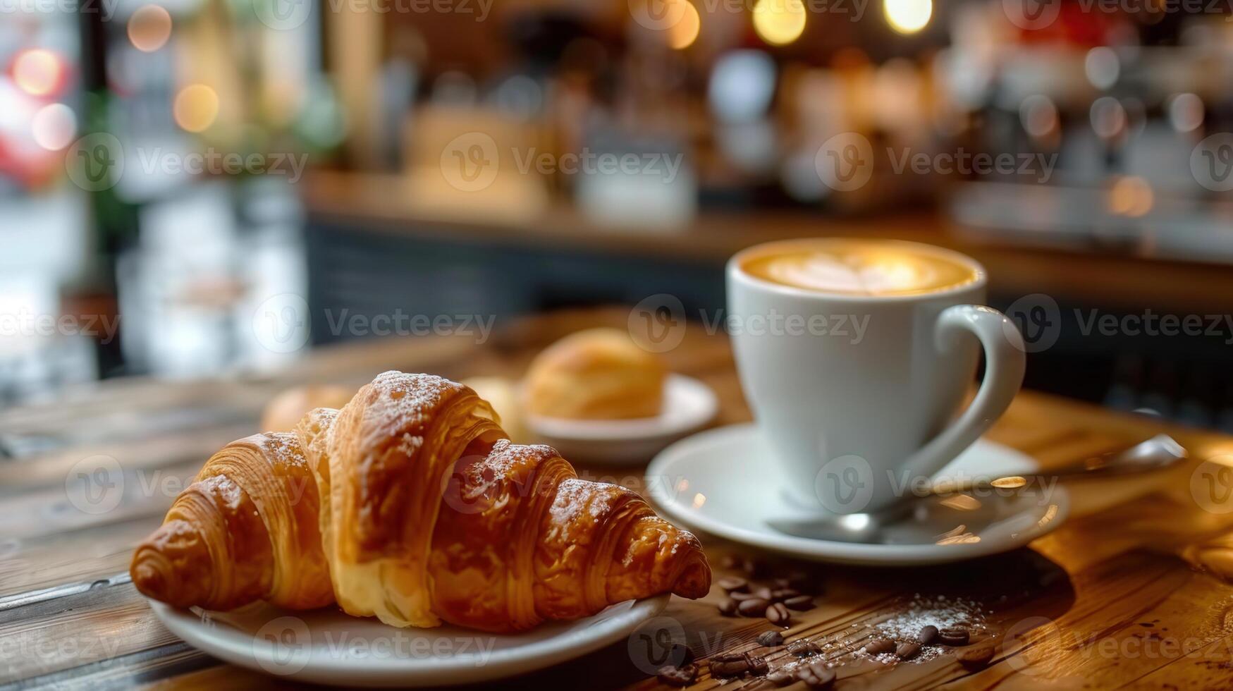 A buttery croissant and a cup of latte, a perfect combination for a relaxing morning. photo