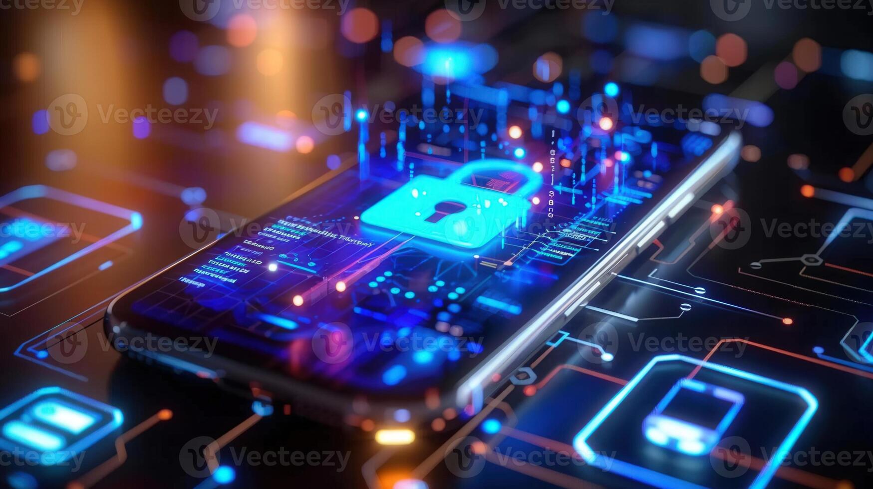 Digital lock glows on a smartphone, symbolizing data protection and online security. photo