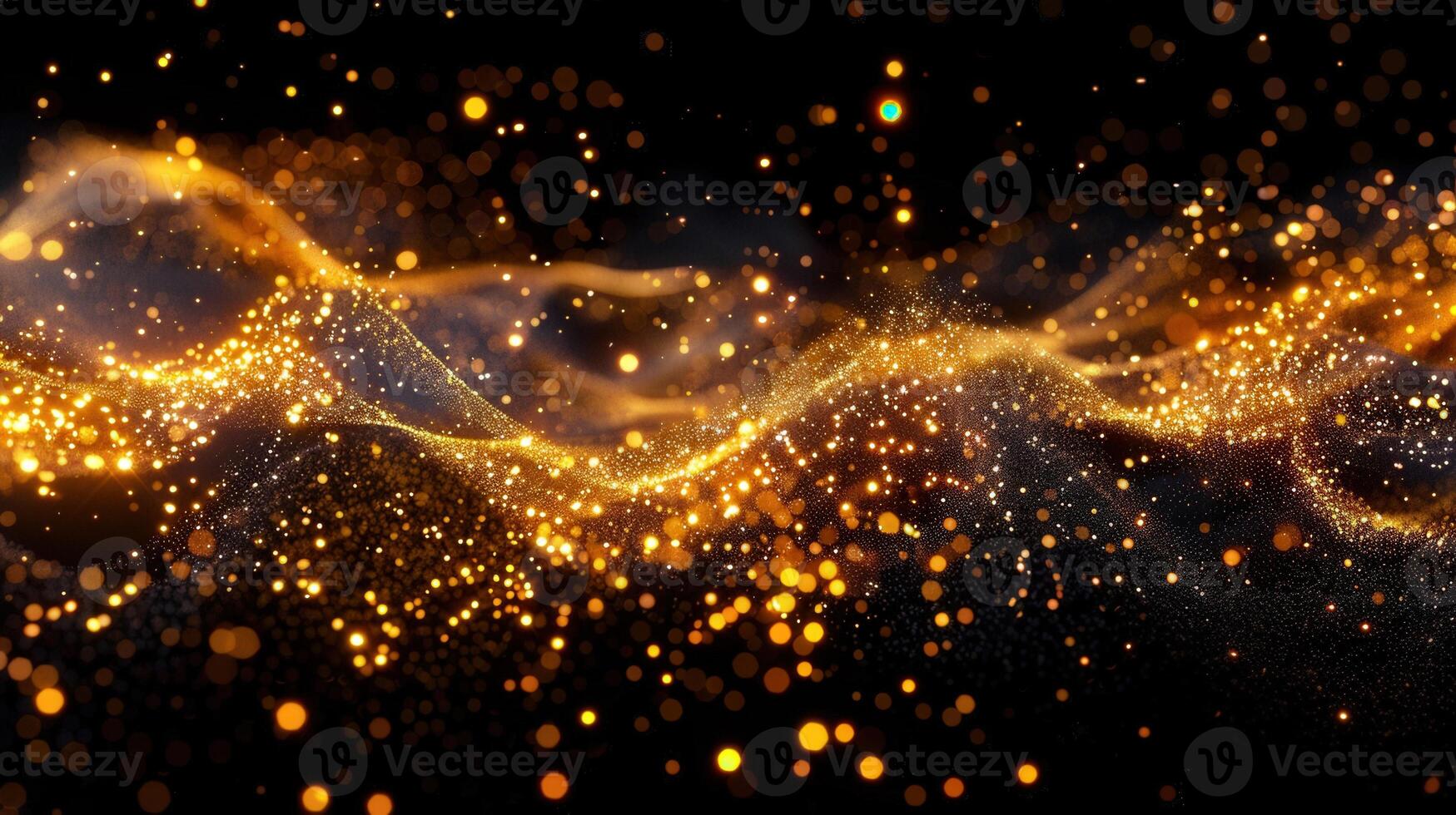 A stunning abstract composition featuring glittering golden particles on a dark background. photo