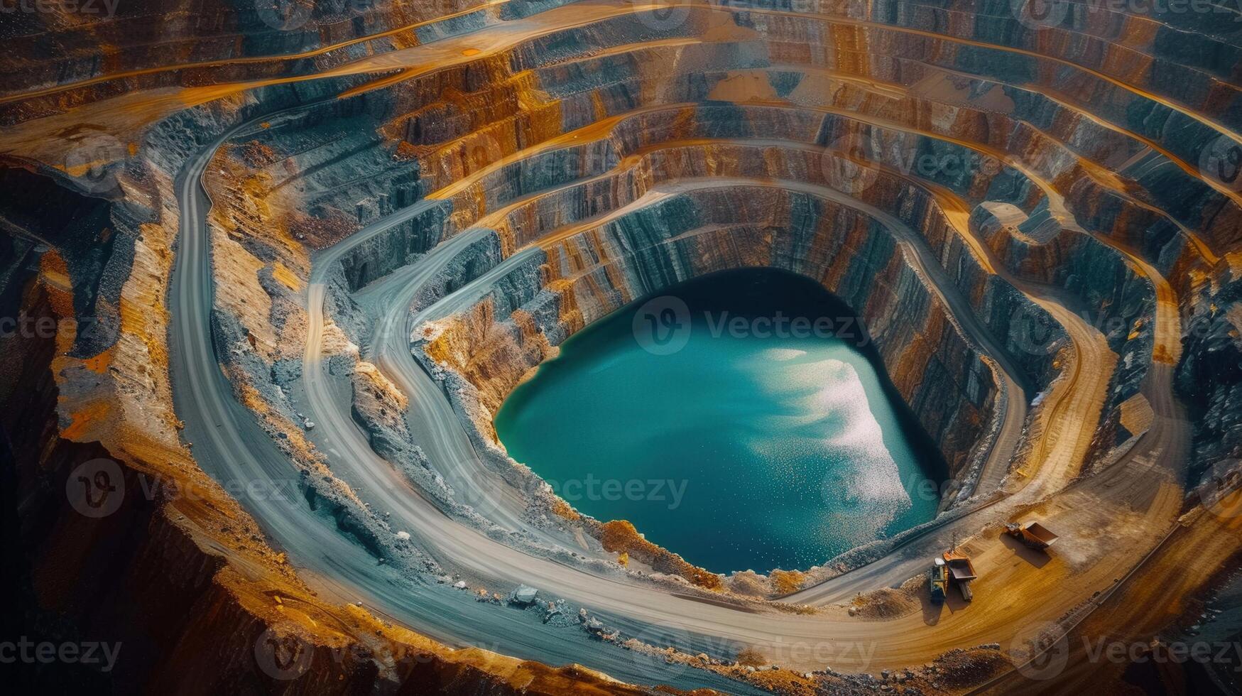 An expansive open-pit mine with a stunning lake within, highlighting industrial landscapes. photo