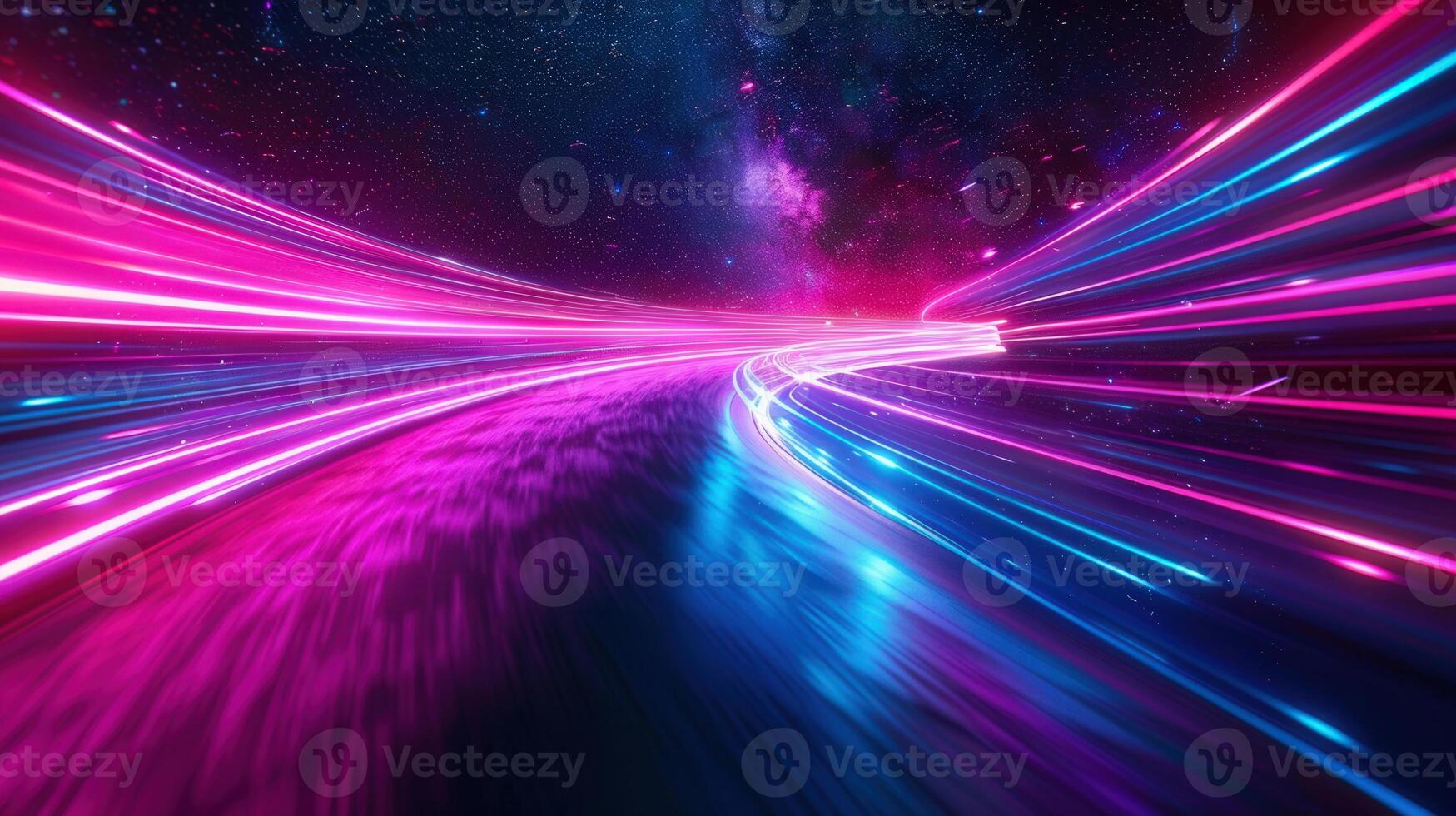 Dynamic light streaks create a futuristic tunnel of neon colors in a deep, starry space environment. photo
