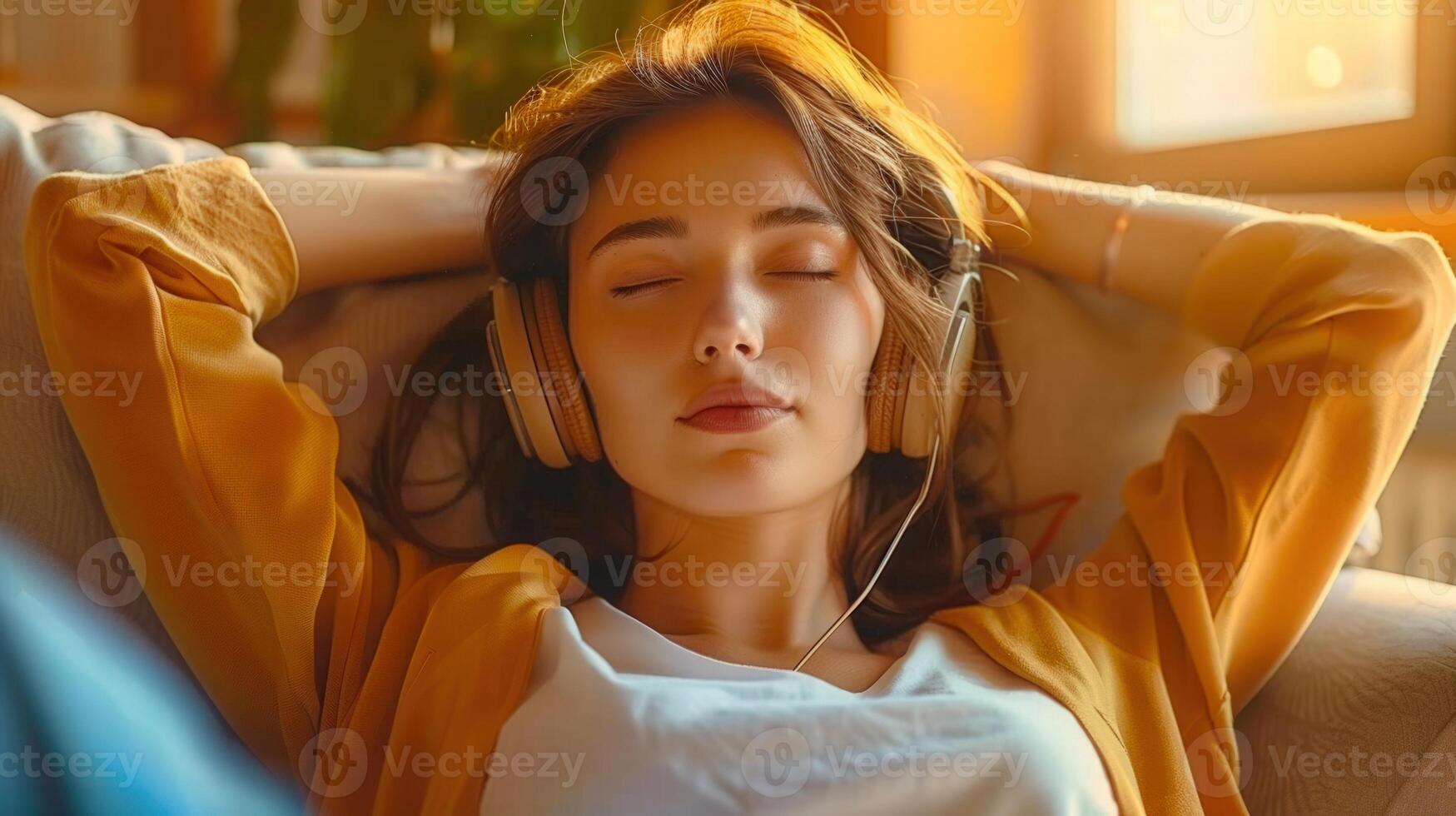 A relaxed young woman is listening to music, enjoying peace and tranquility with her eyes closed on a couch. photo