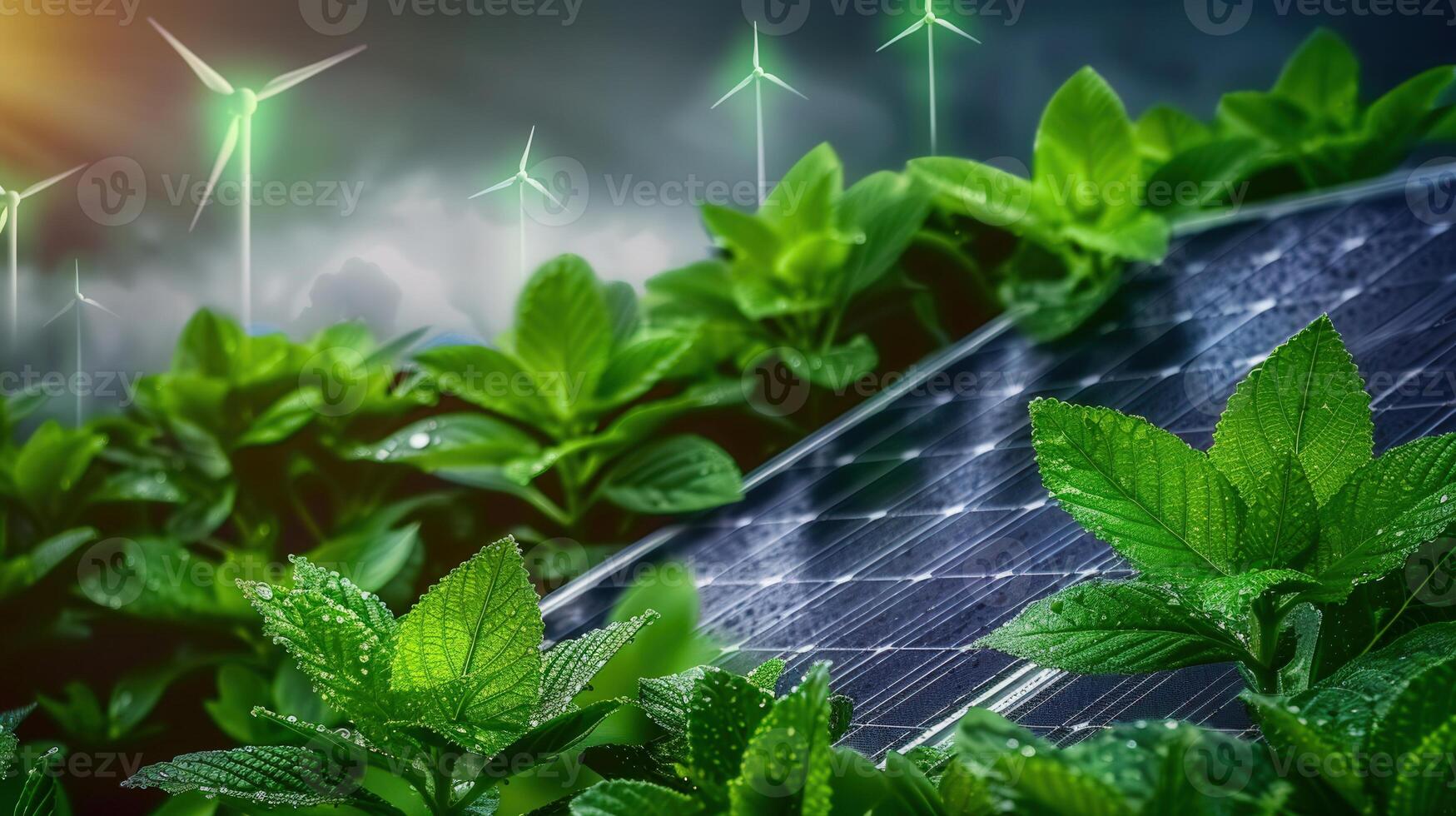 A striking display of solar panels, wind turbines, and vibrant green leaves, representing eco-friendly technology. photo