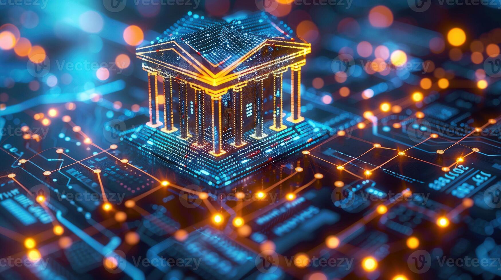 A vibrant illustration depicting a digital bank building on a complex circuit board environment. photo