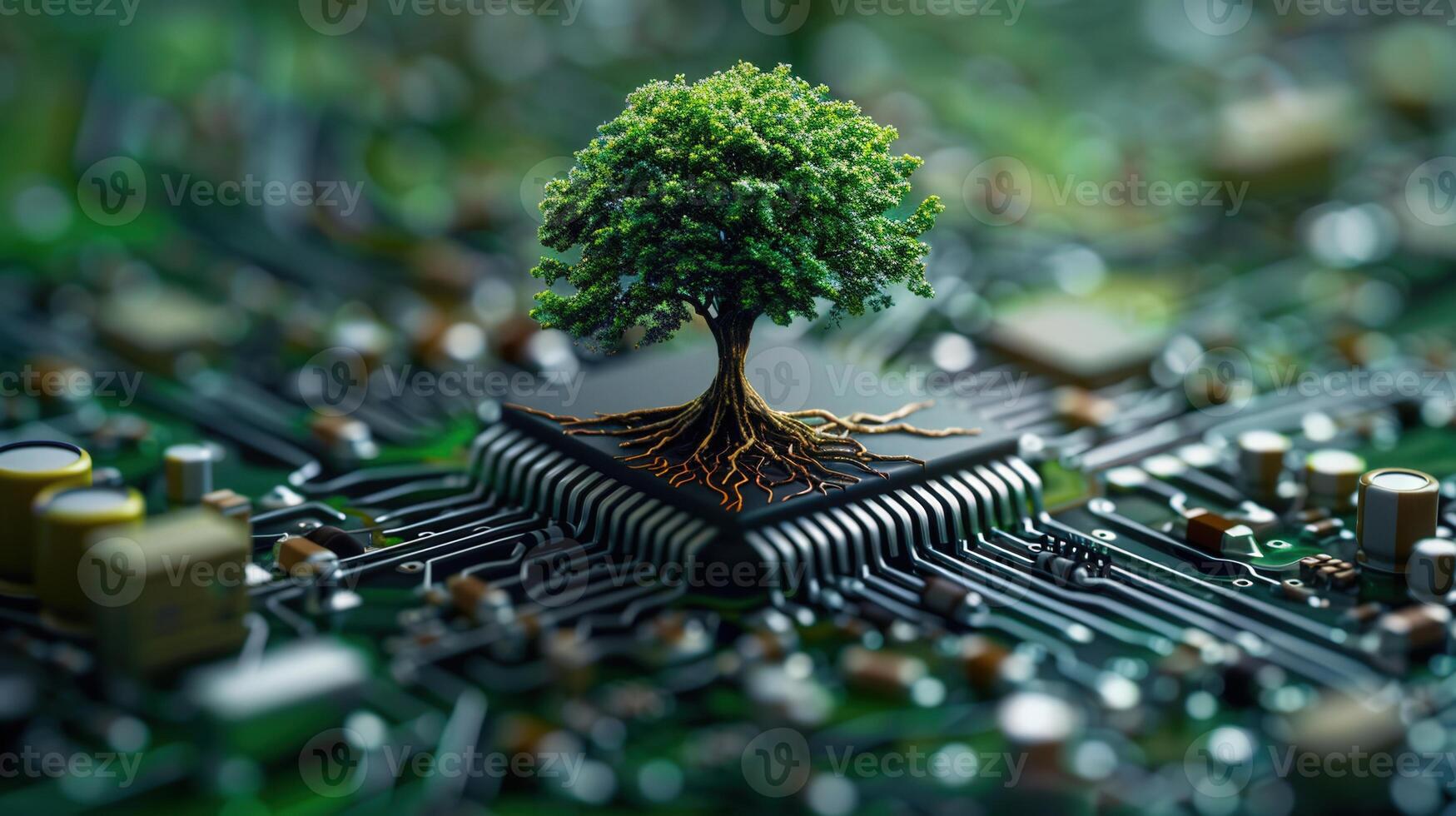 A tree grows from a computer chip, a vibrant symbol of technology and nature's fusion. photo