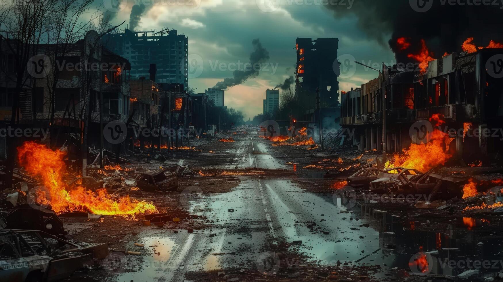 A city street ravaged by fire and destruction after a major conflict, full of chaos. photo