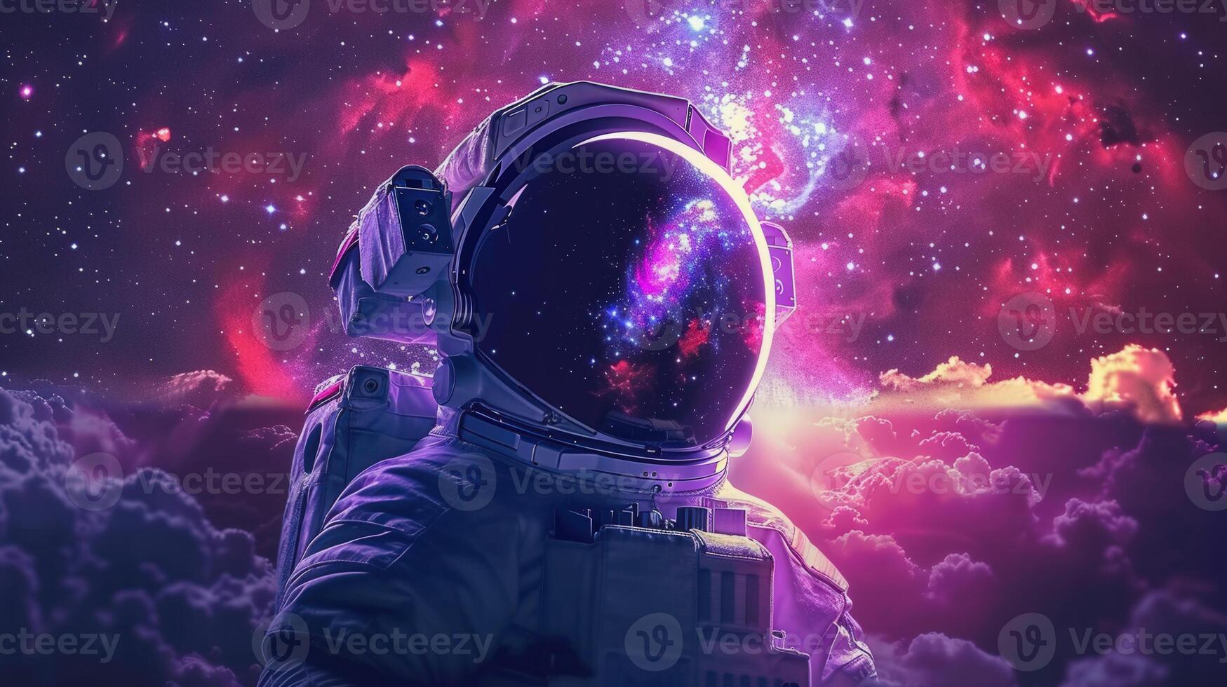 An astronaut floating above the clouds, gazing into a vibrant, stunning galaxy of stars. photo
