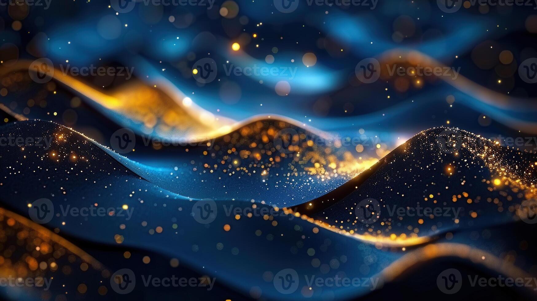 Abstract flowing gold and blue waves with sparkling lights, a creative background. photo