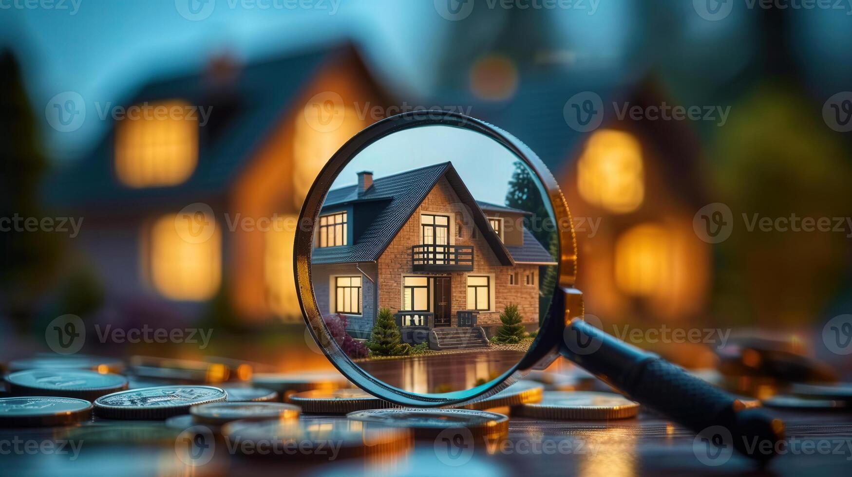 A magnifying glass highlights a detailed view of a house, signifying home buying. photo
