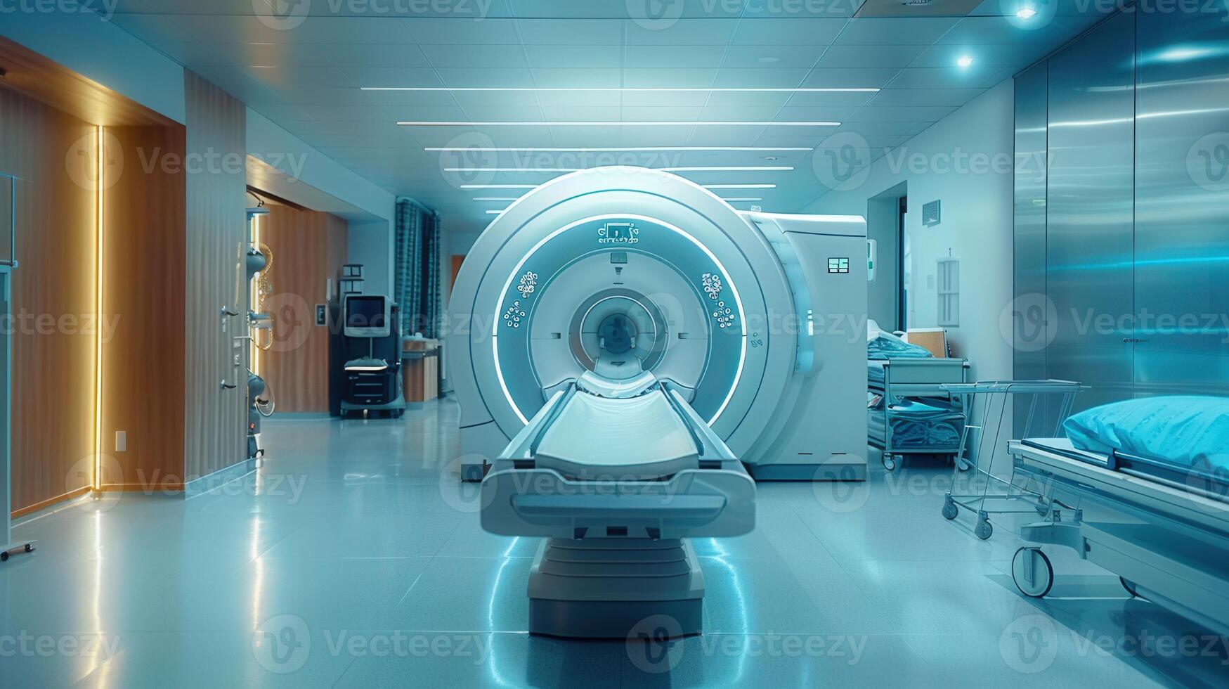 An impressive MRI machine in a modern, well-lit hospital room, ready for a scan. photo