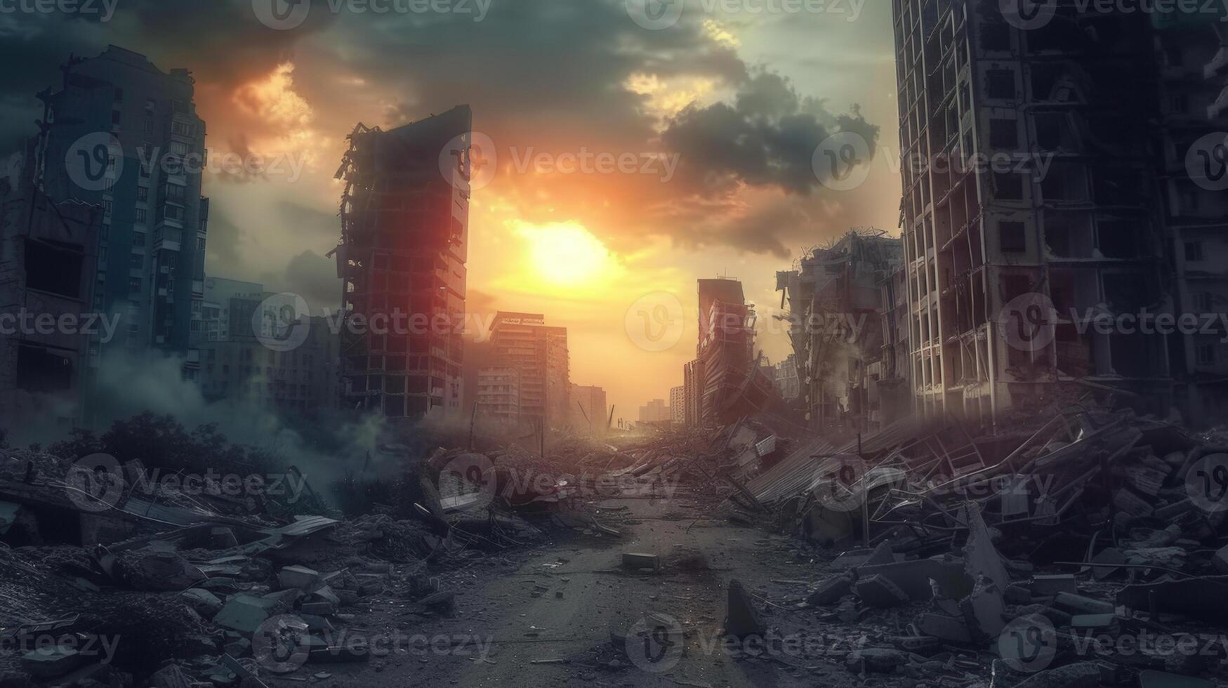 A haunting scene of a post-apocalyptic city with ruined buildings under a dramatic sunset. photo