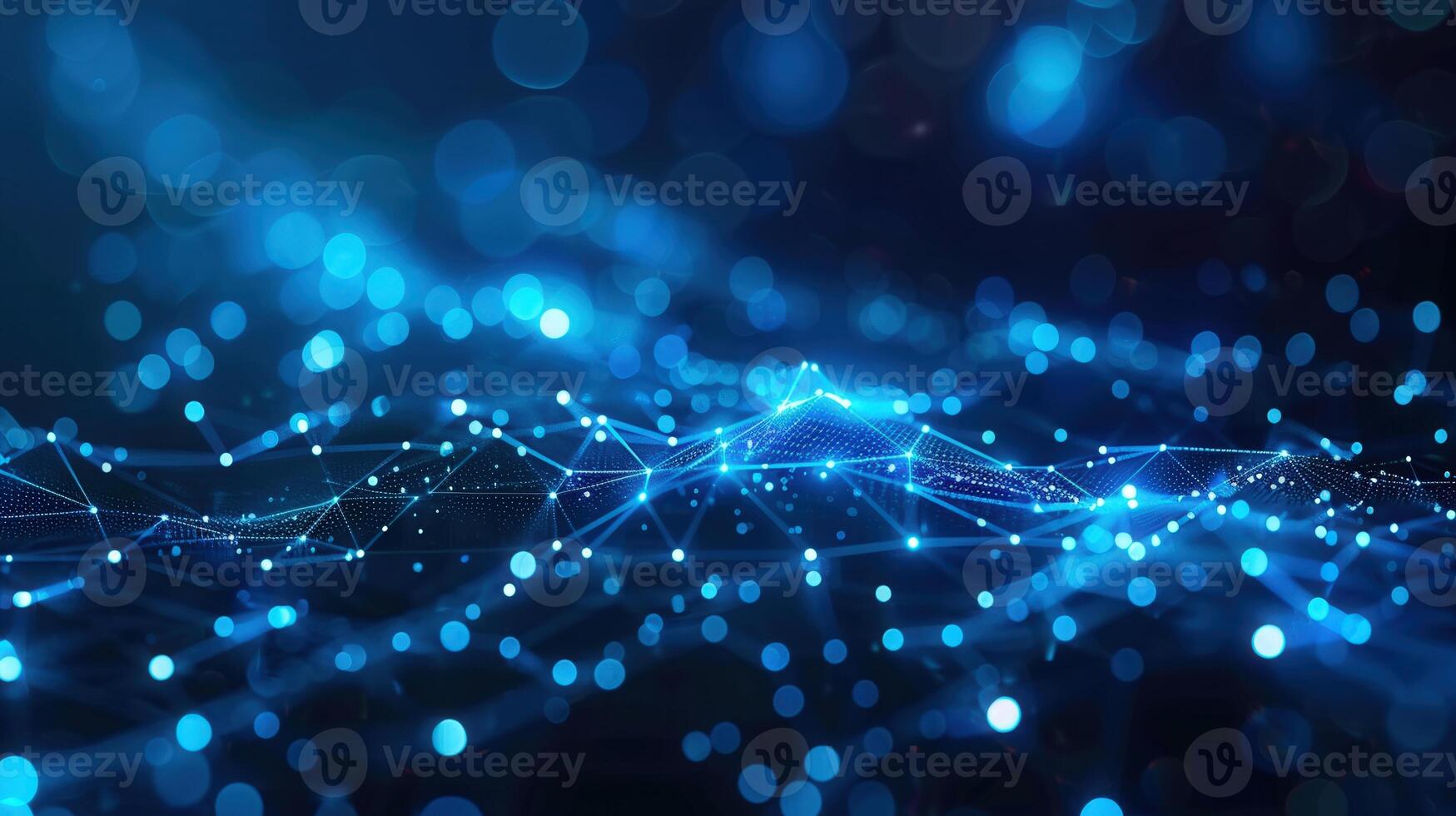 Abstract digital network of connected nodes with bright glowing dots on a blue background. photo