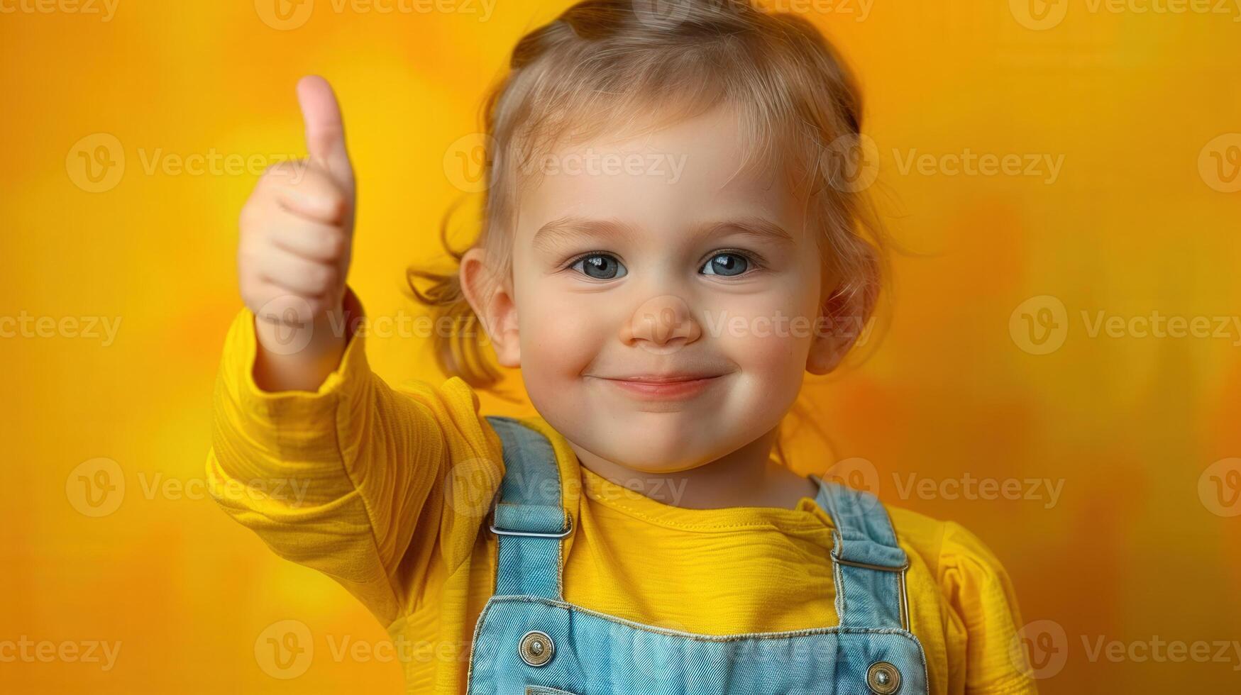 Delighted toddler smiles and gives a thumbs up, expressing joy and approval with a charming gesture. photo