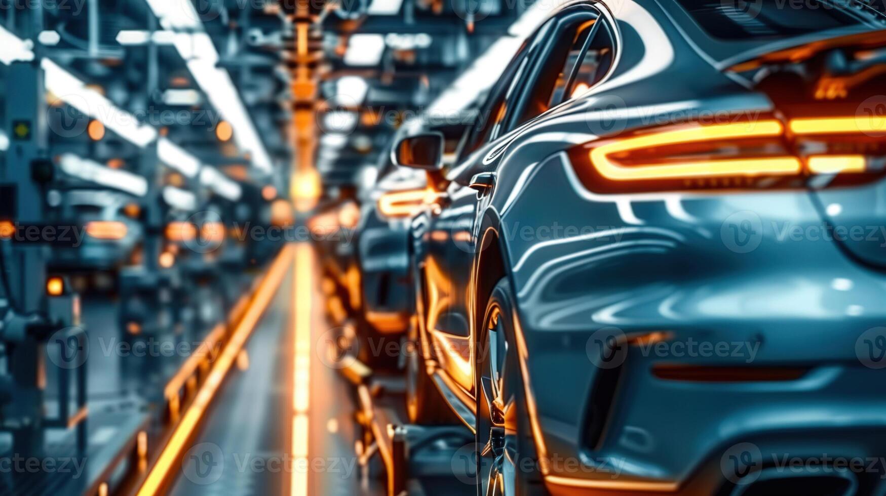Automobiles are being assembled in an automated factory, showing the innovative manufacturing processes. photo