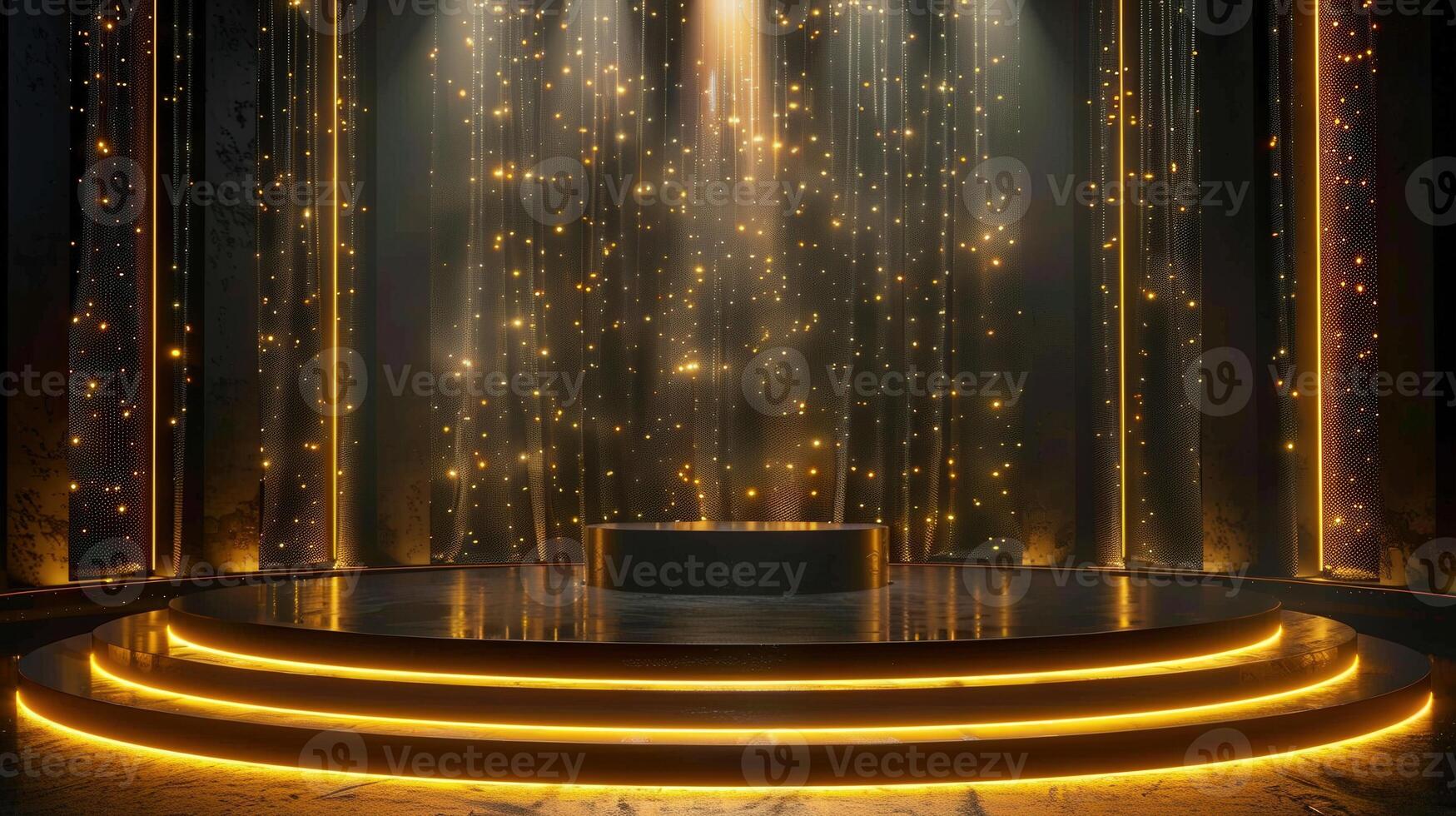 Elegant stage with spotlights and sparkling lights, perfect for award ceremonies and presentations. photo
