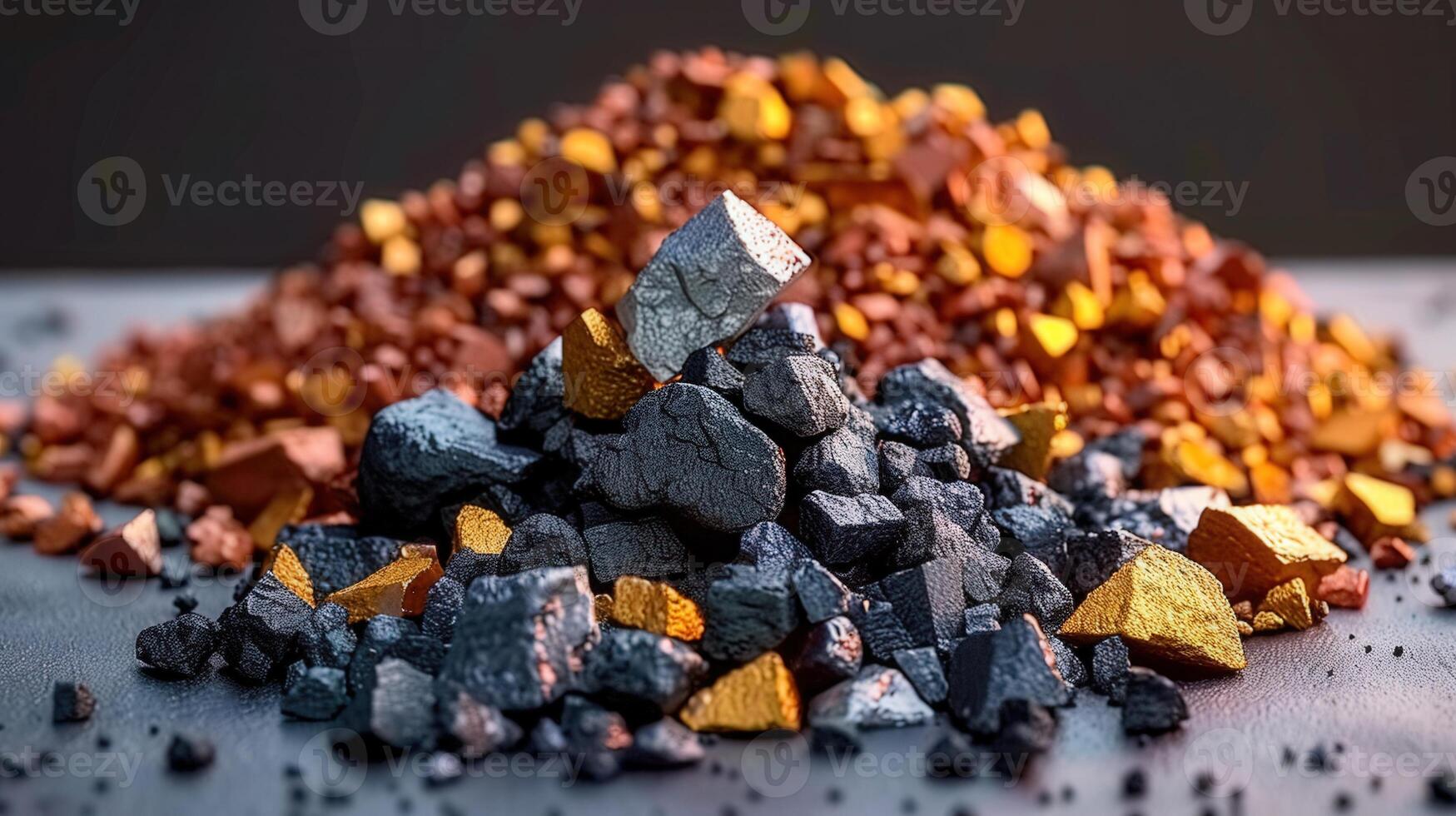 A collection of various raw ore, including gold, copper, and silver, ready for processing. photo