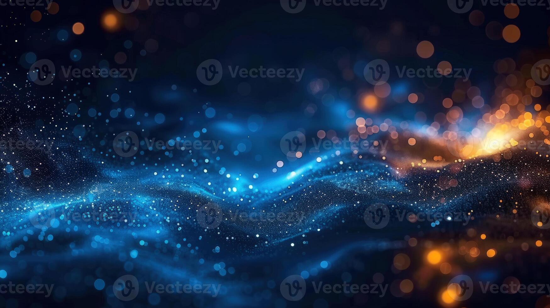 Abstract digital artwork featuring a flowing wave of blue and orange particles. photo