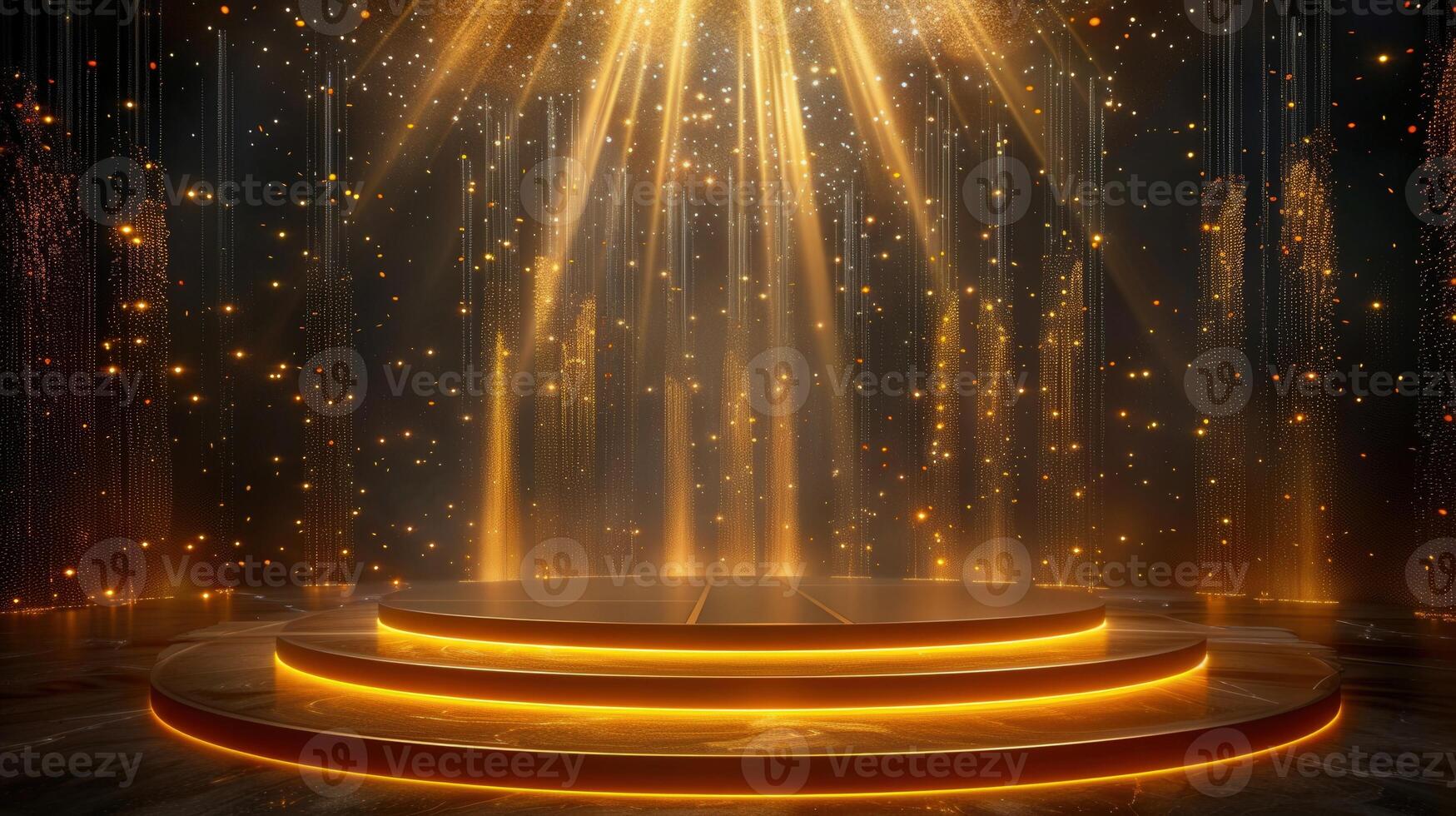 A radiant stage with golden lights, an elegant backdrop for celebrations and events. photo