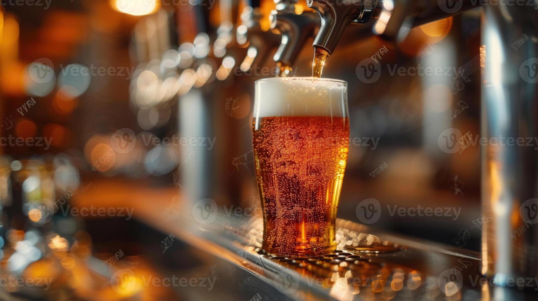 A refreshing glass of beer being poured from a tap in a dimly lit bar setting. photo