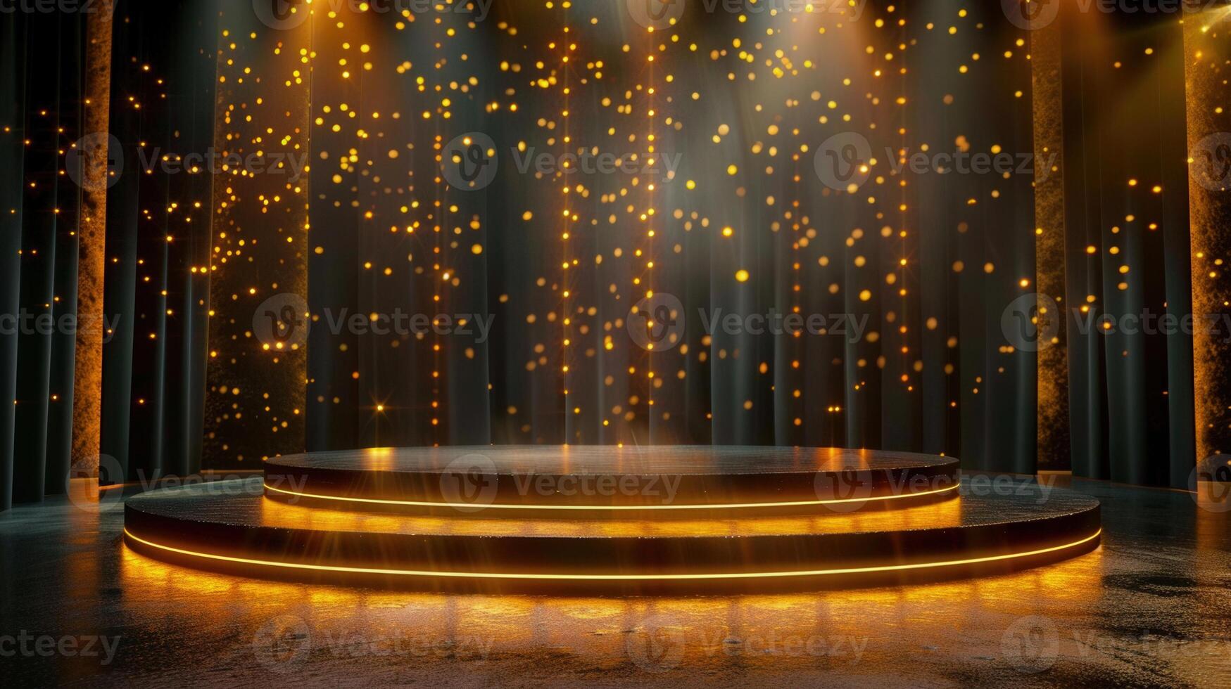 A modern stage with a golden light effect, perfect for an awards ceremony or performance. photo