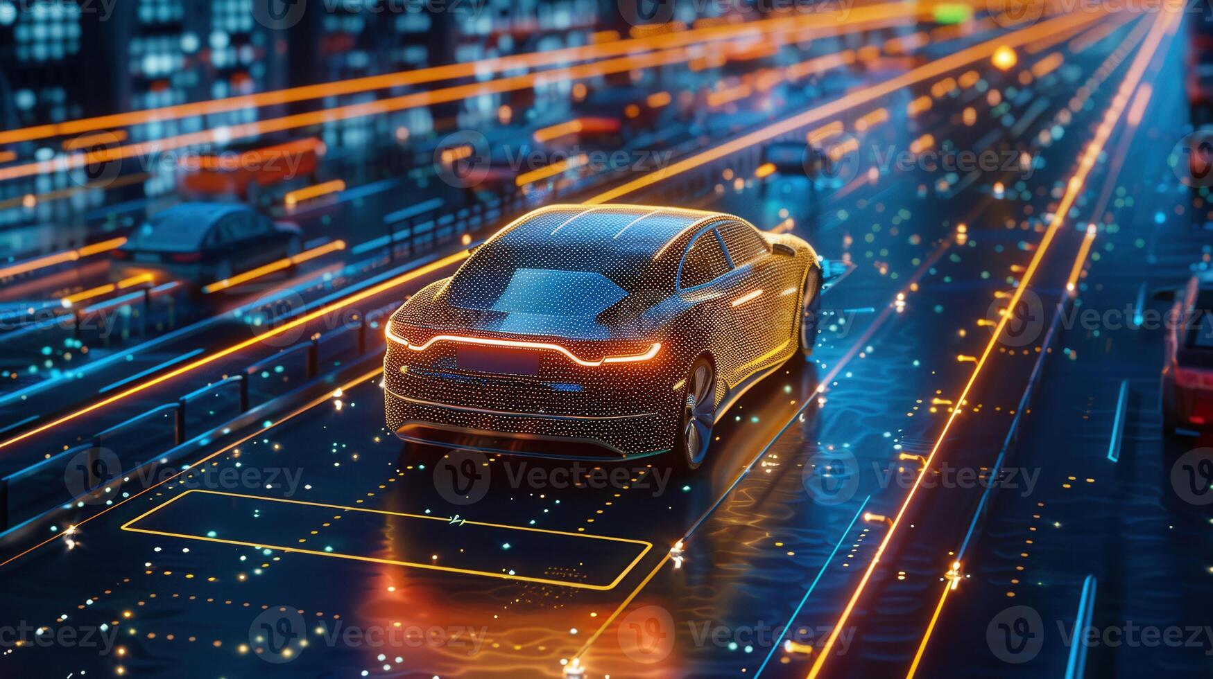 A futuristic self-driving car navigates a glowing highway in an urban cityscape setting. photo