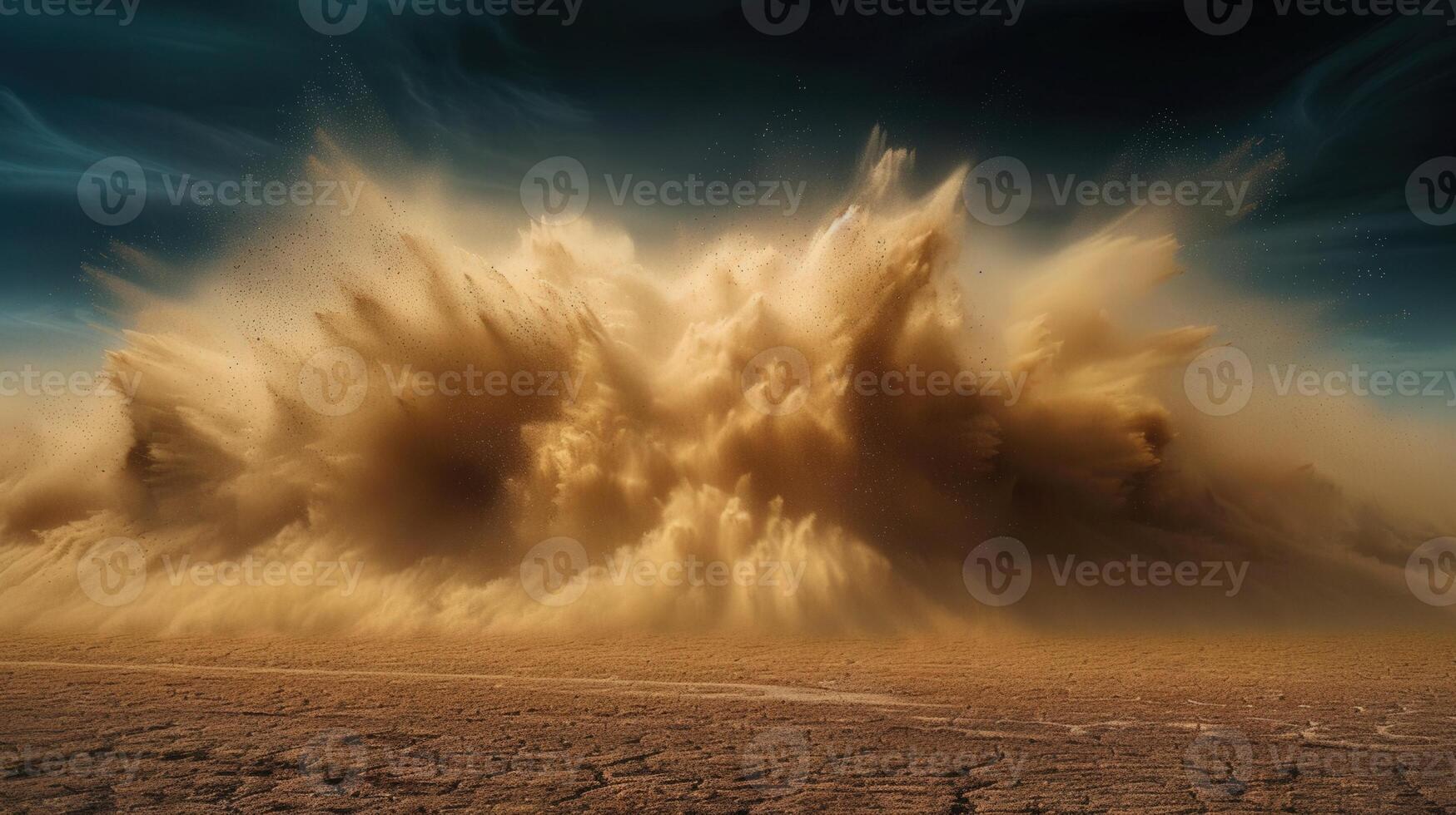 An intense sandstorm erupts across a vast, desolate desert landscape, full of energy. photo