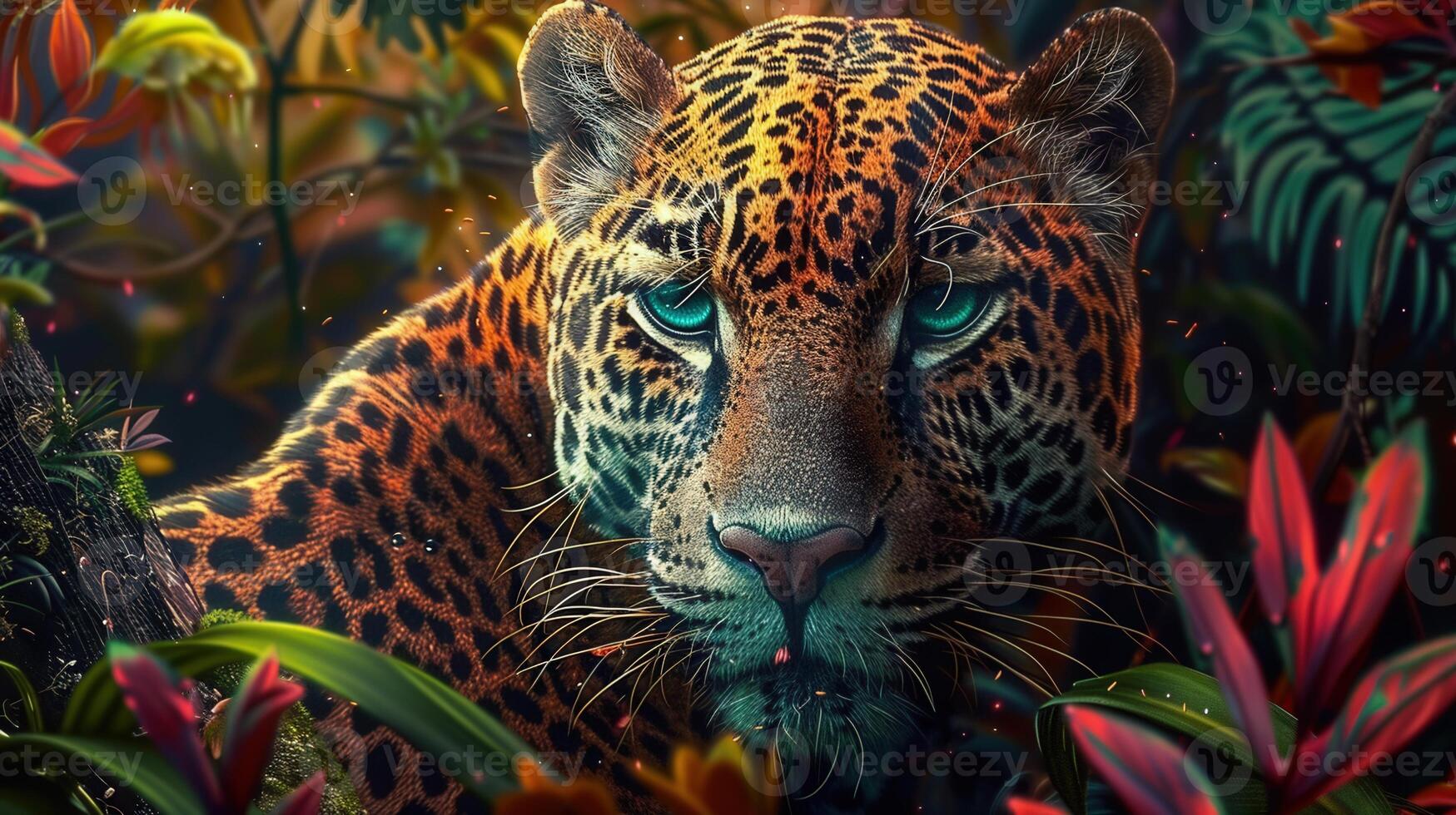 Stunning portrait of a jaguar with mesmerizing turquoise eyes in a tropical forest setting. photo
