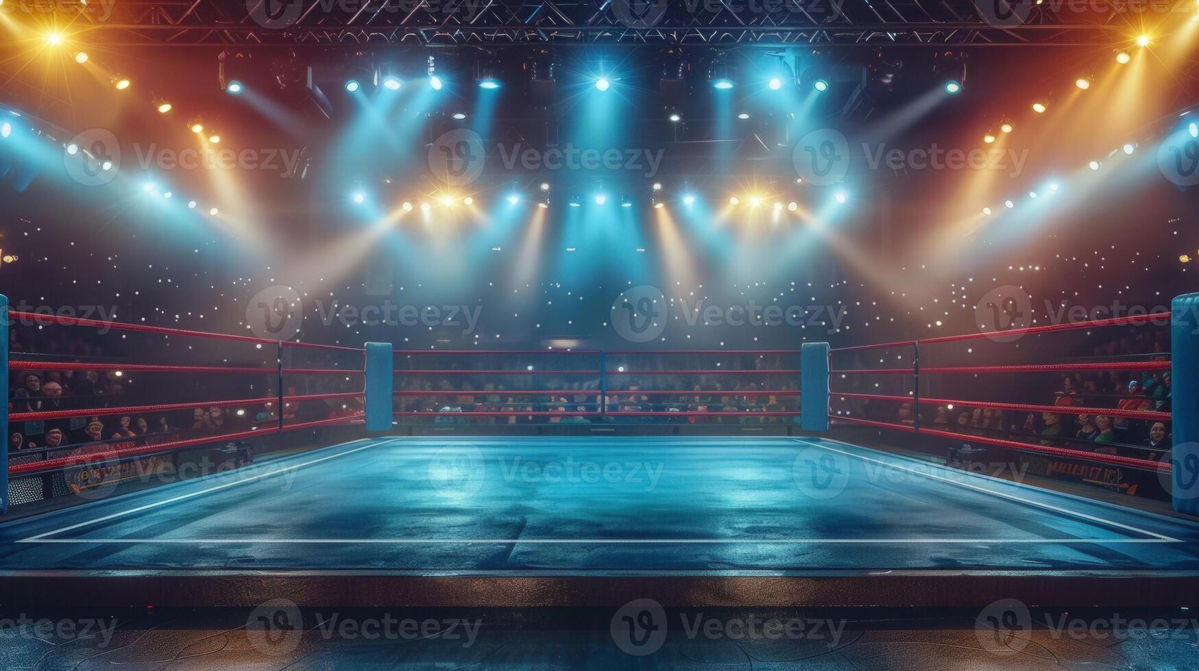 A dramatic view of an empty boxing ring with bright lights in a packed arena. photo