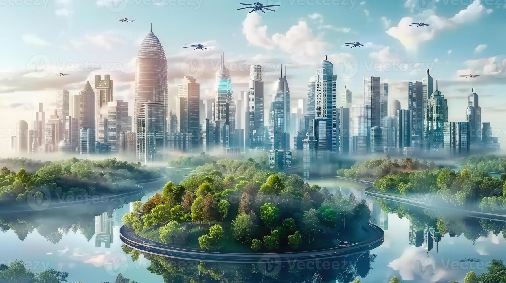 A futuristic city, envisioned with flying drones, reflects on tranquil water, merging nature and technology. photo