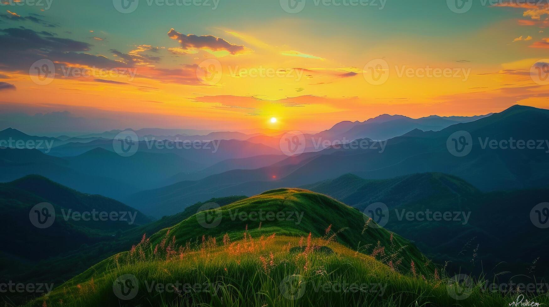 Stunning view of a mountain range bathed in the warm colors of a beautiful sunset. photo