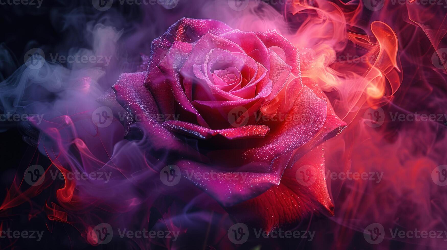 A stunning close-up of a red rose with pink and purple smoke, creating an ethereal scene. photo