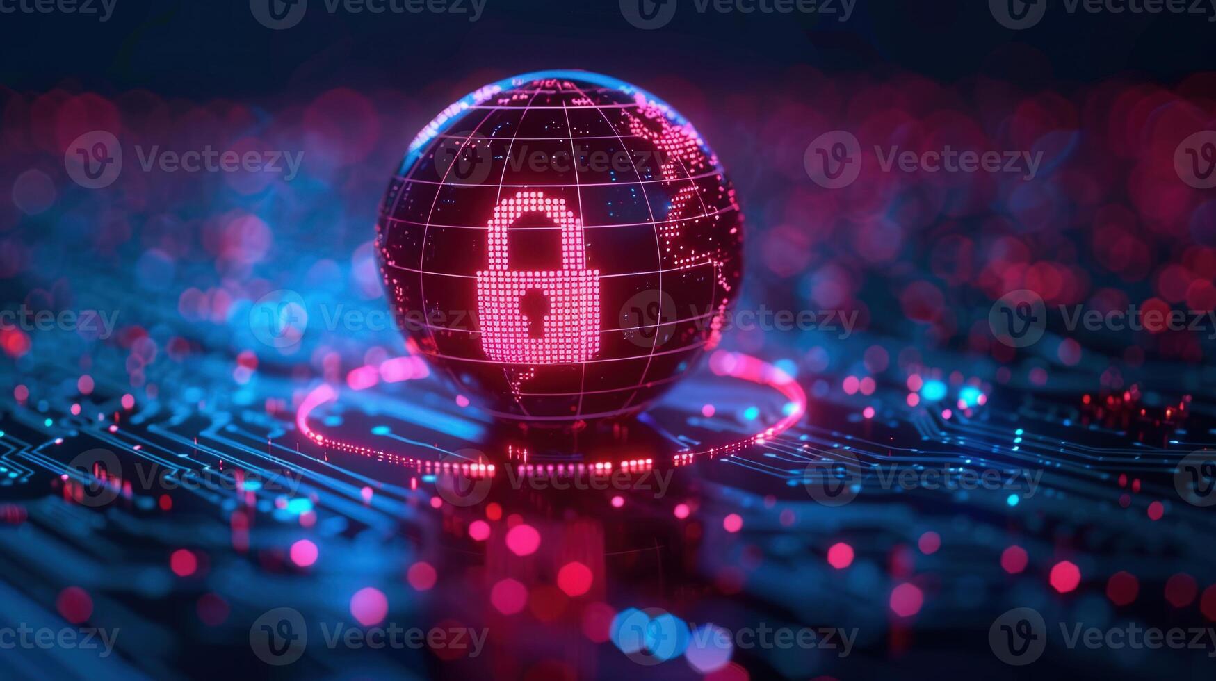 The digitally illustrated globe displays a lock symbol, representing cybersecurity and protection. photo