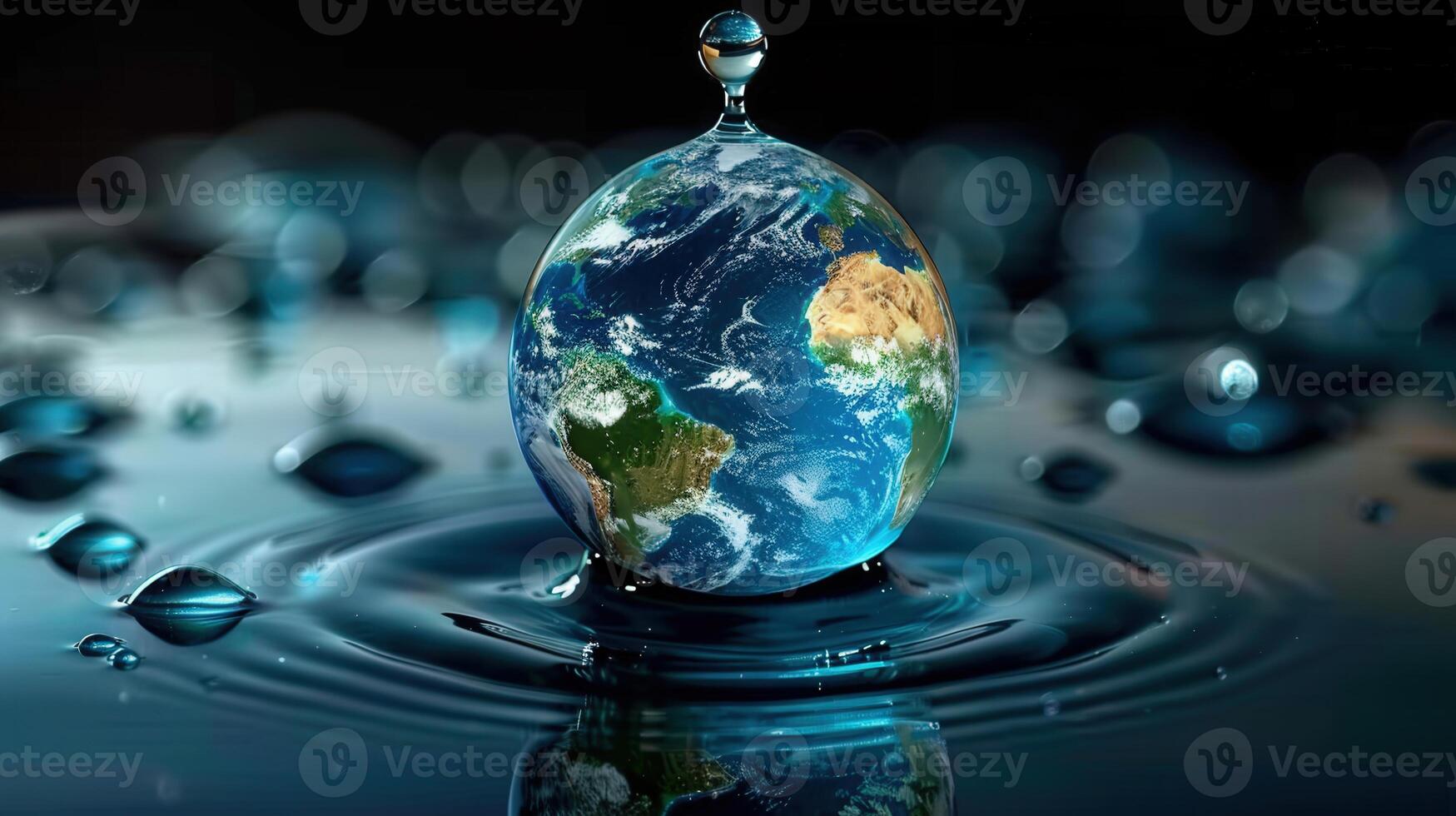 A stunning artistic depiction of planet earth shaped as a water droplet, symbolizing the water's importance. photo