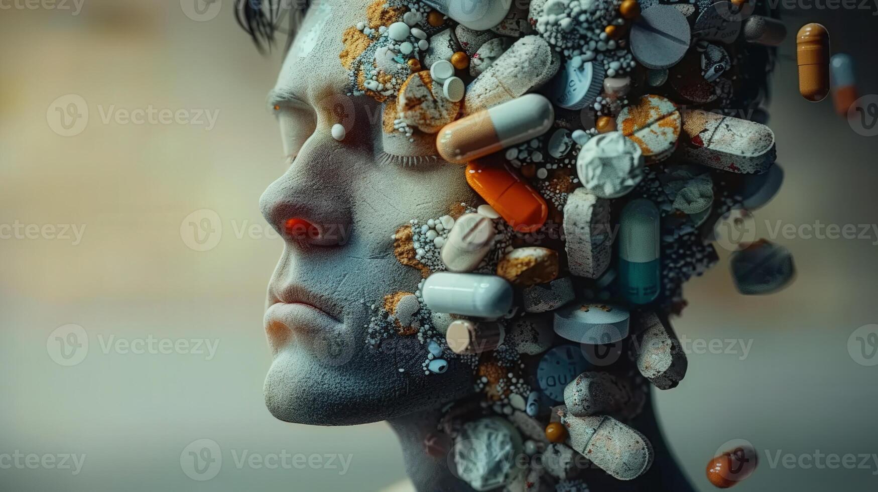 Surreal artwork of a person's profile with pills and capsules in place of some of their facial features. photo