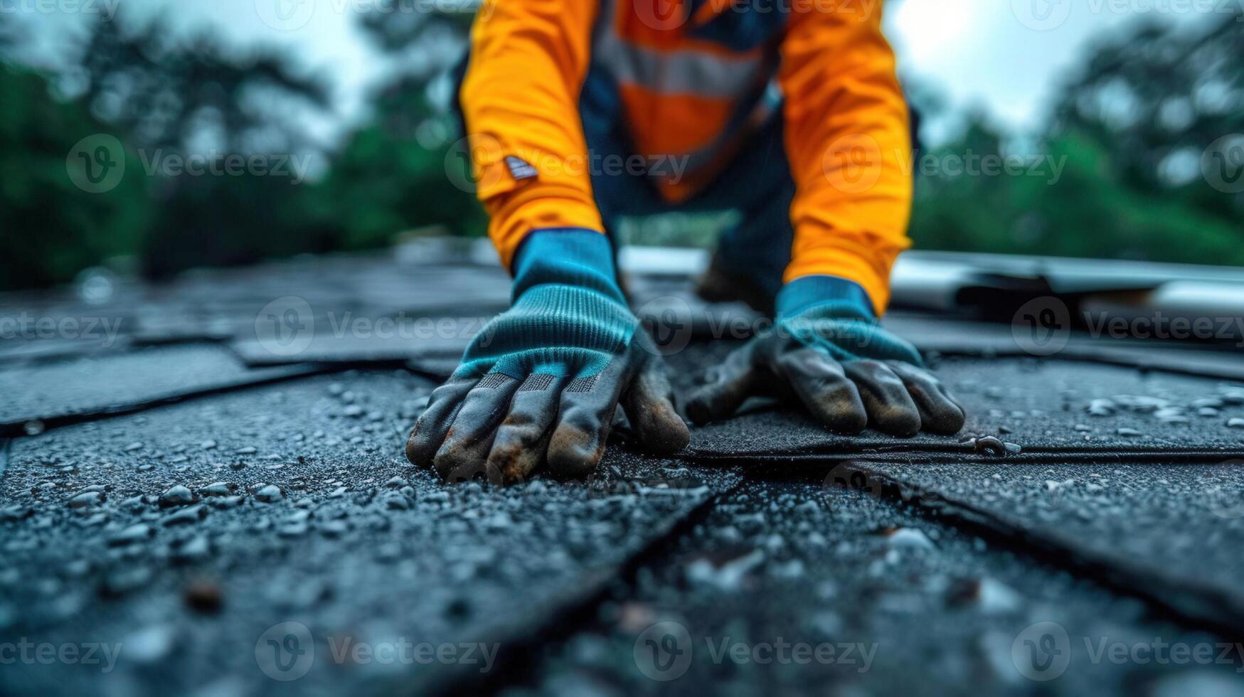 A roofer carefully examines the new asphalt shingle roof, focusing on the details in the rain. photo