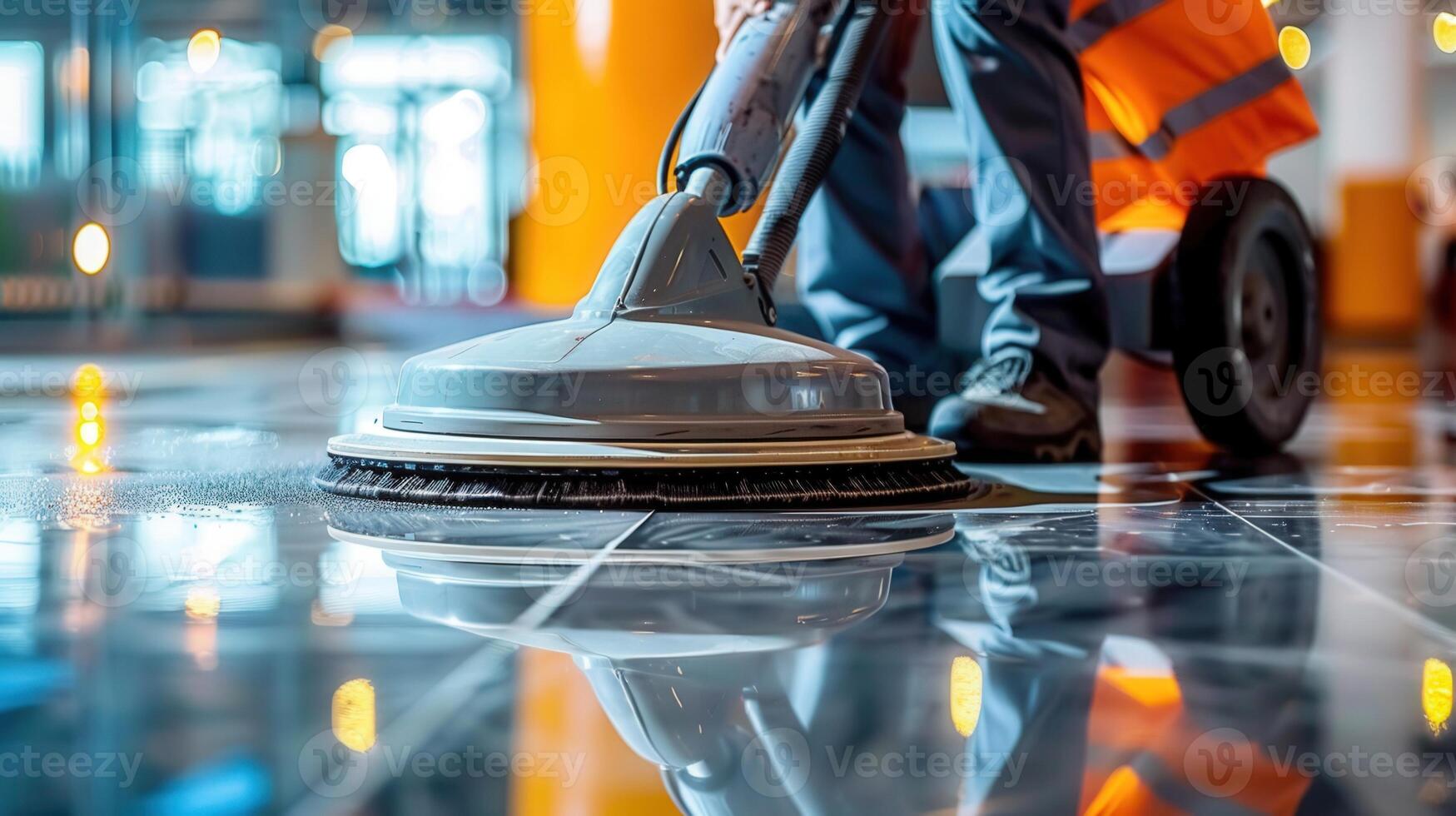 An employee uses a professional floor polisher to clean a commercial space with a shiny surface. photo