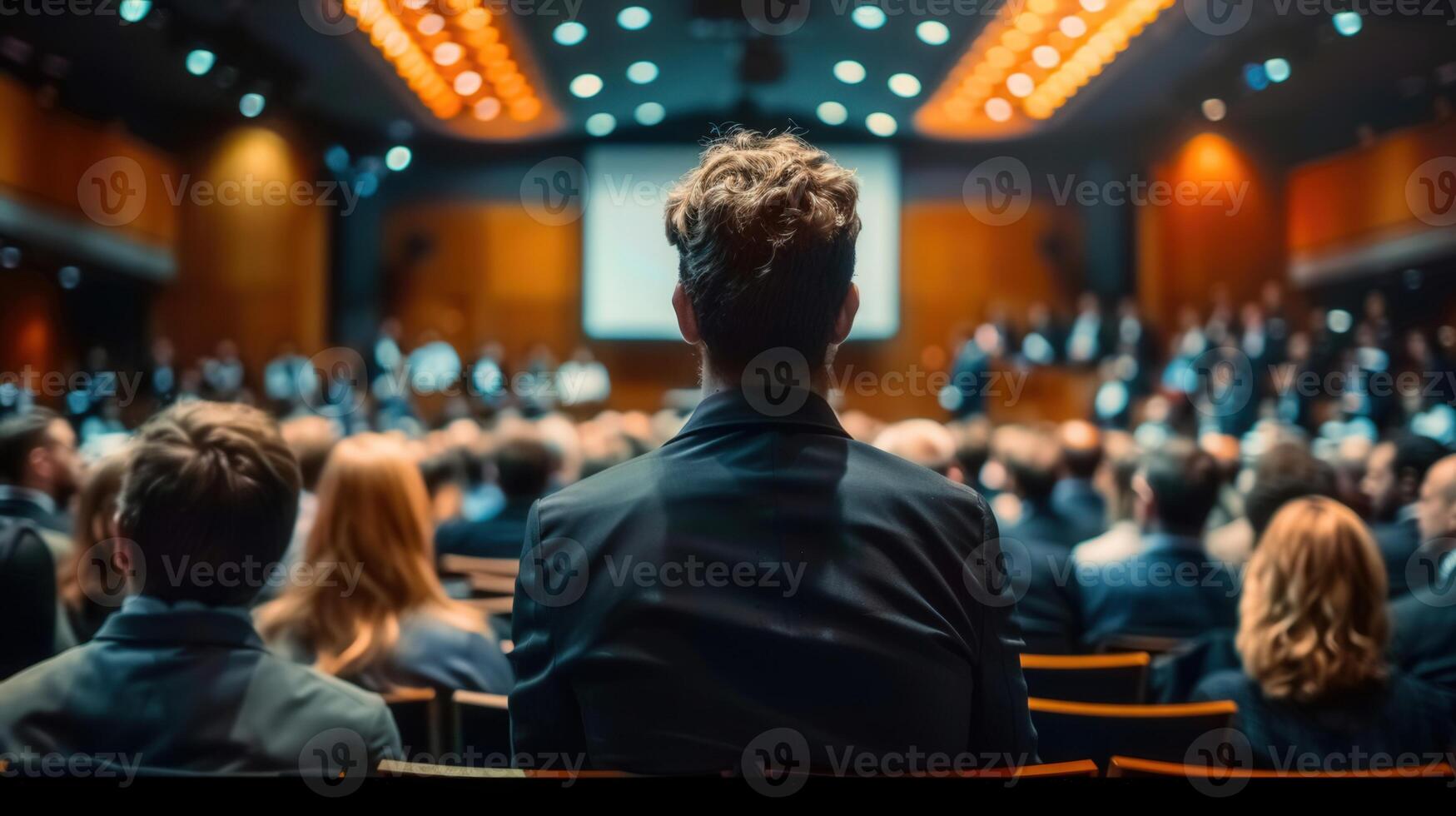 Rear view of a man in a suit at a conference, focused on the presentation. photo