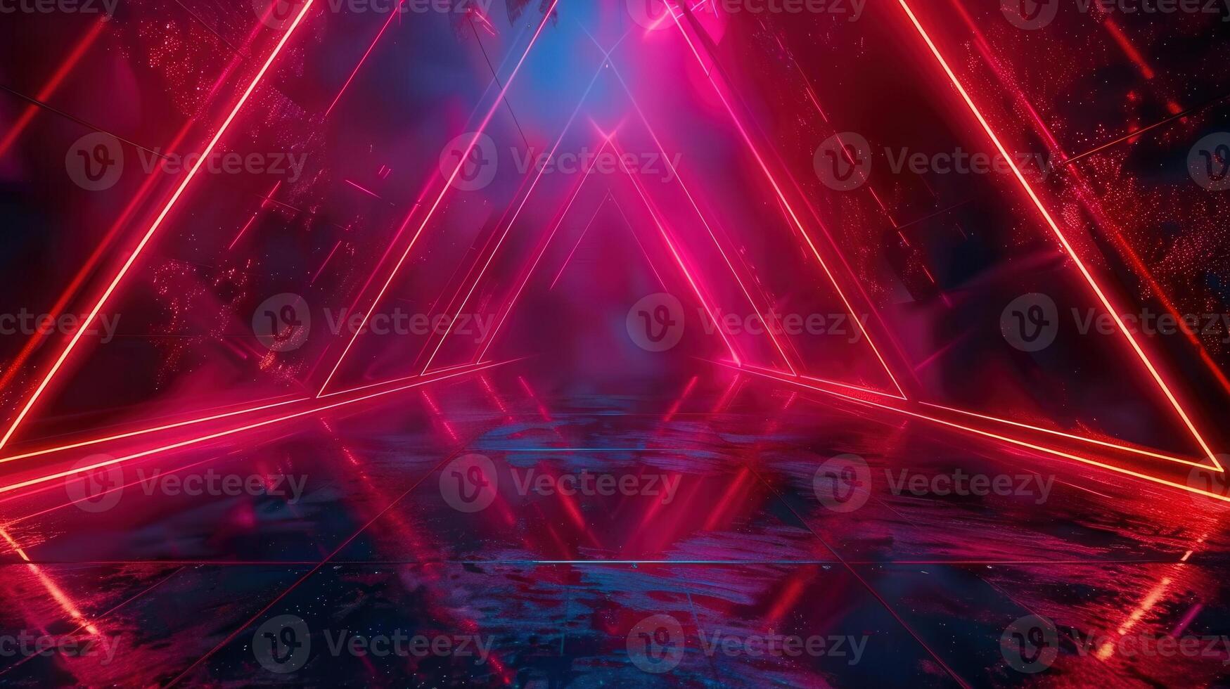 Dramatic scene featuring red neon triangles with reflections on a dark, textured surface. photo