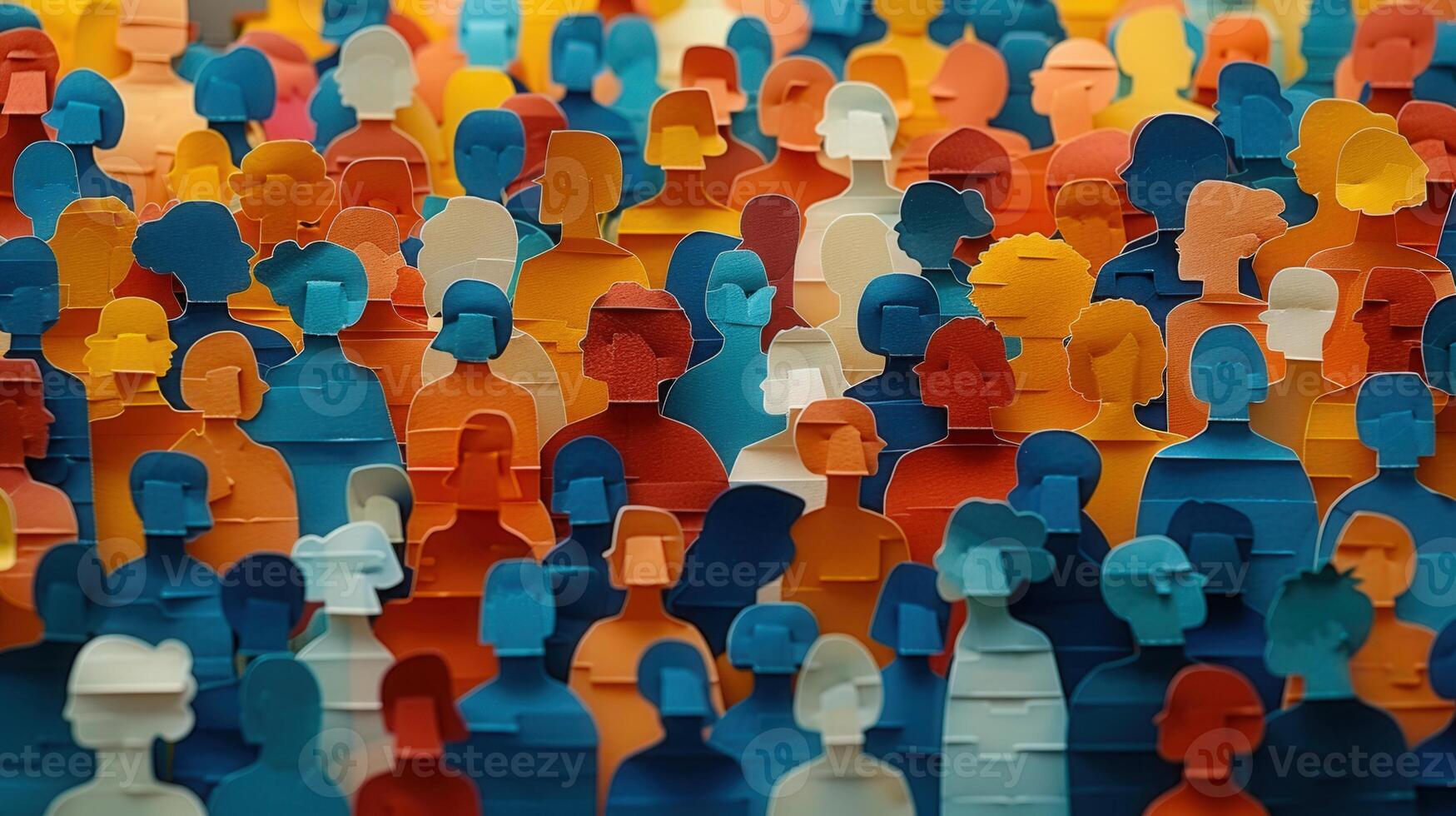 A vibrant and artistic crowd of paper cutout people representing community and unity. photo
