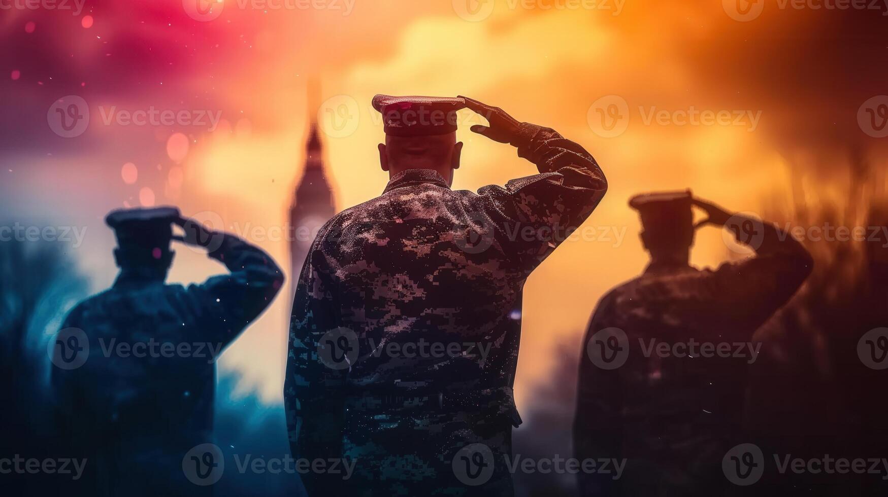 Three soldiers salute with a big Ben landmark in the background, under a striking sunset. photo