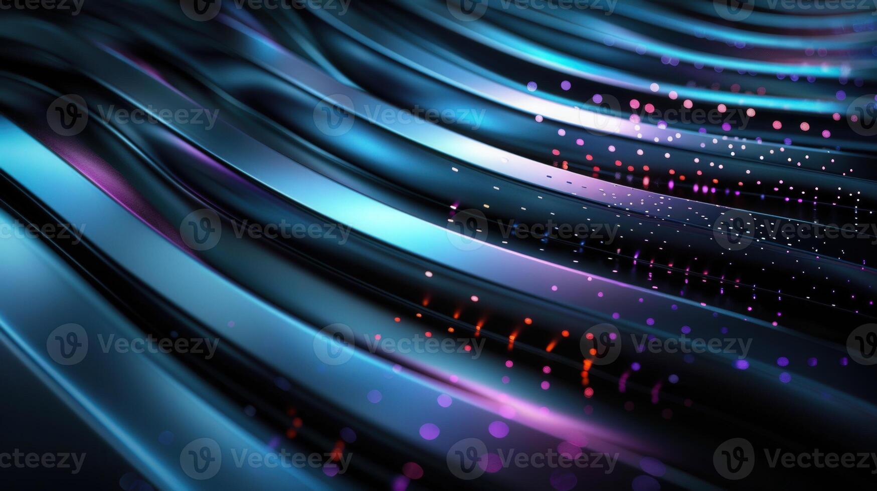 Abstract background of curved metallic lines in blue and purple with glowing dots. photo