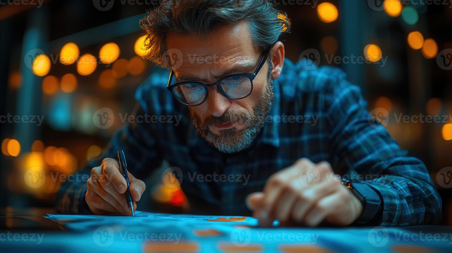 A focused man with glasses writes on a document, deep in thought at his desk at night. photo