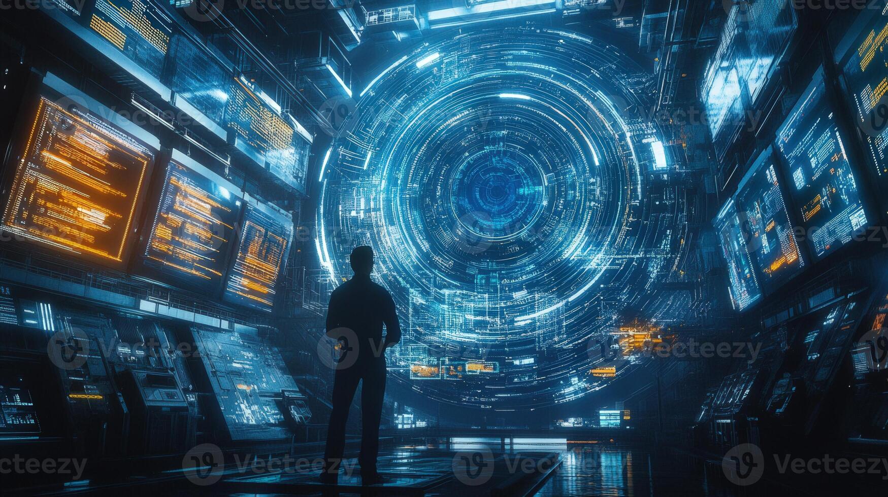 Silhouette of a person viewing a dynamic digital portal in a futuristic, high-tech setting. photo