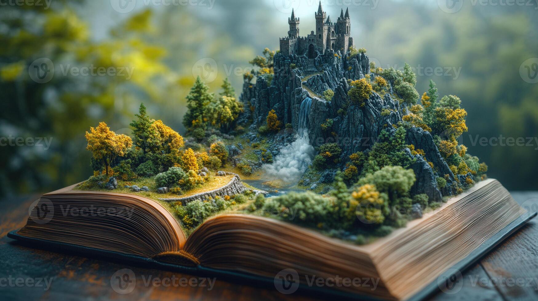 A magical castle landscape emerges from an open book, blending fantasy with reality. photo