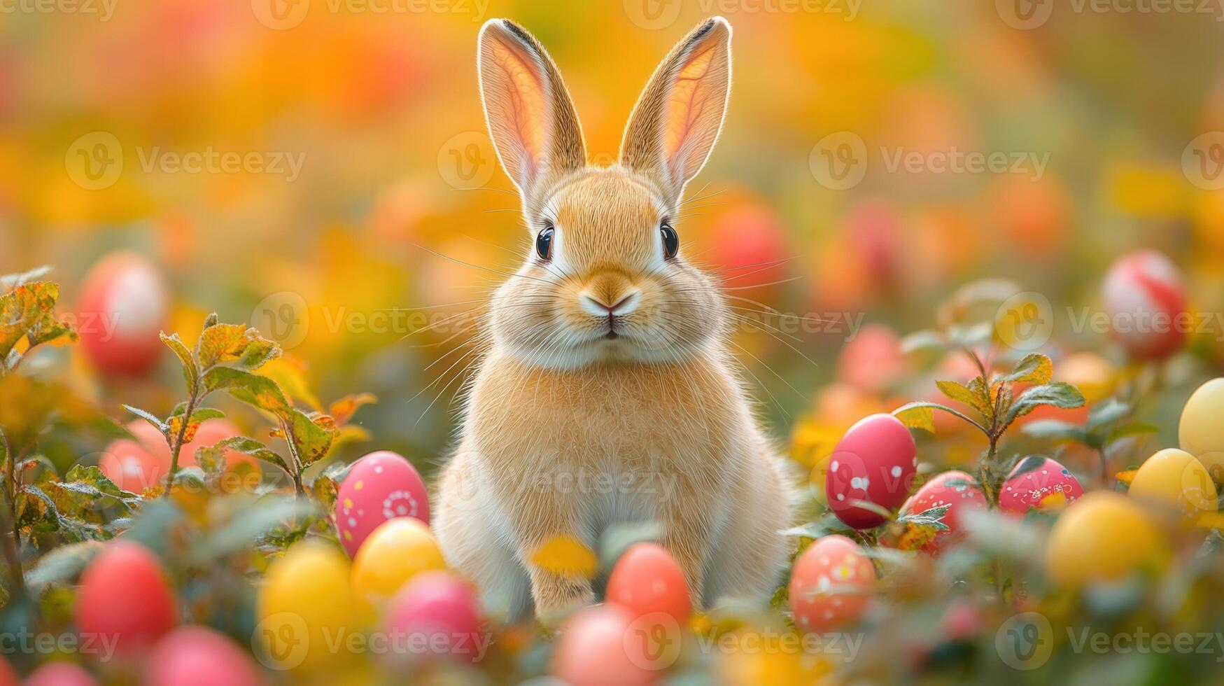 A charming bunny surrounded by decorated Easter eggs in a vibrant spring setting. photo