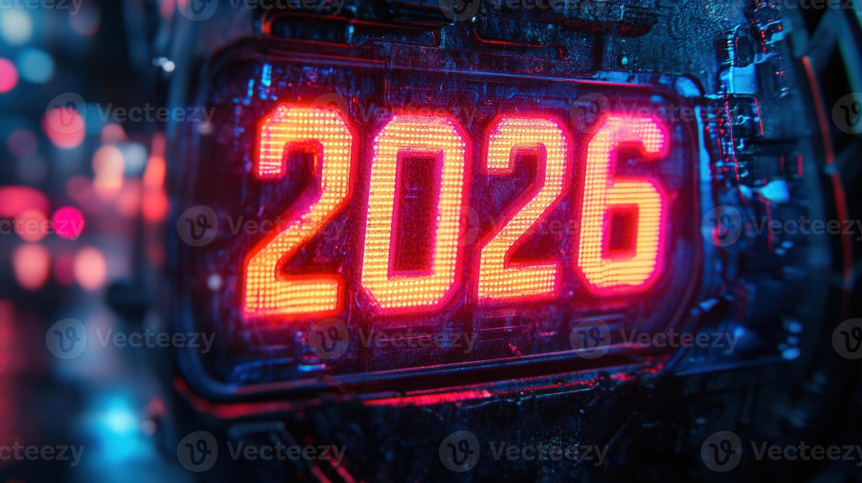 Glowing digital display shows the year 2026 in a futuristic, technology-driven scene. photo