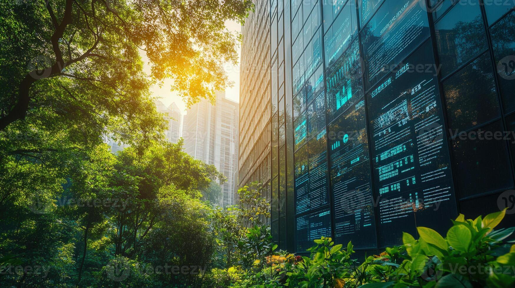 A modern architectural masterpiece, seamlessly integrating technology and vibrant nature beautifully. photo